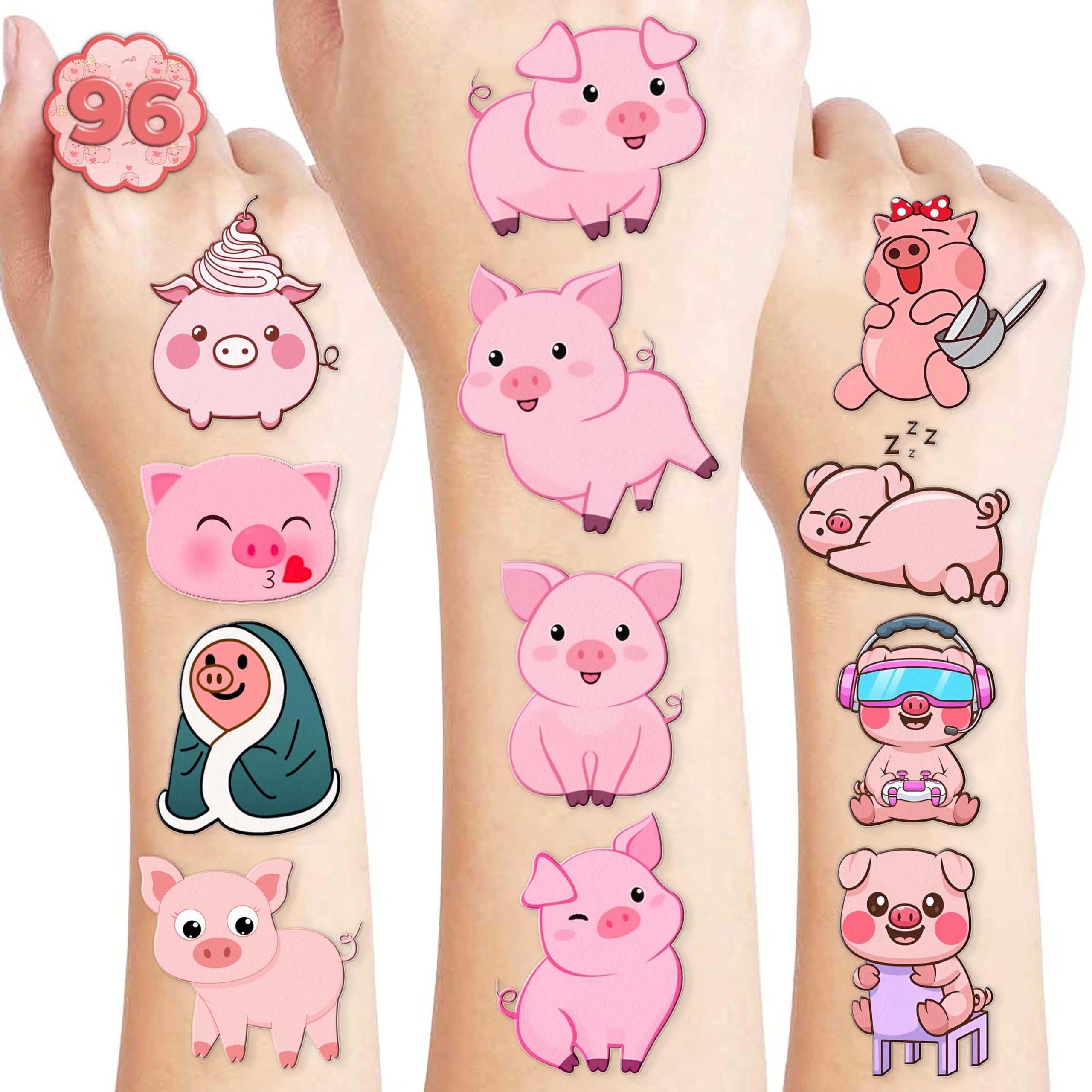 96PCS Cute Pig Pre-Cut Temporary Tattoos Themed Barnyard Birthday Party Decorations Supplies Favors Decor Funny Pink Little Piggy Farm Animals Tattoo Stickers Gifts For Kids Boys Girls School Carnival