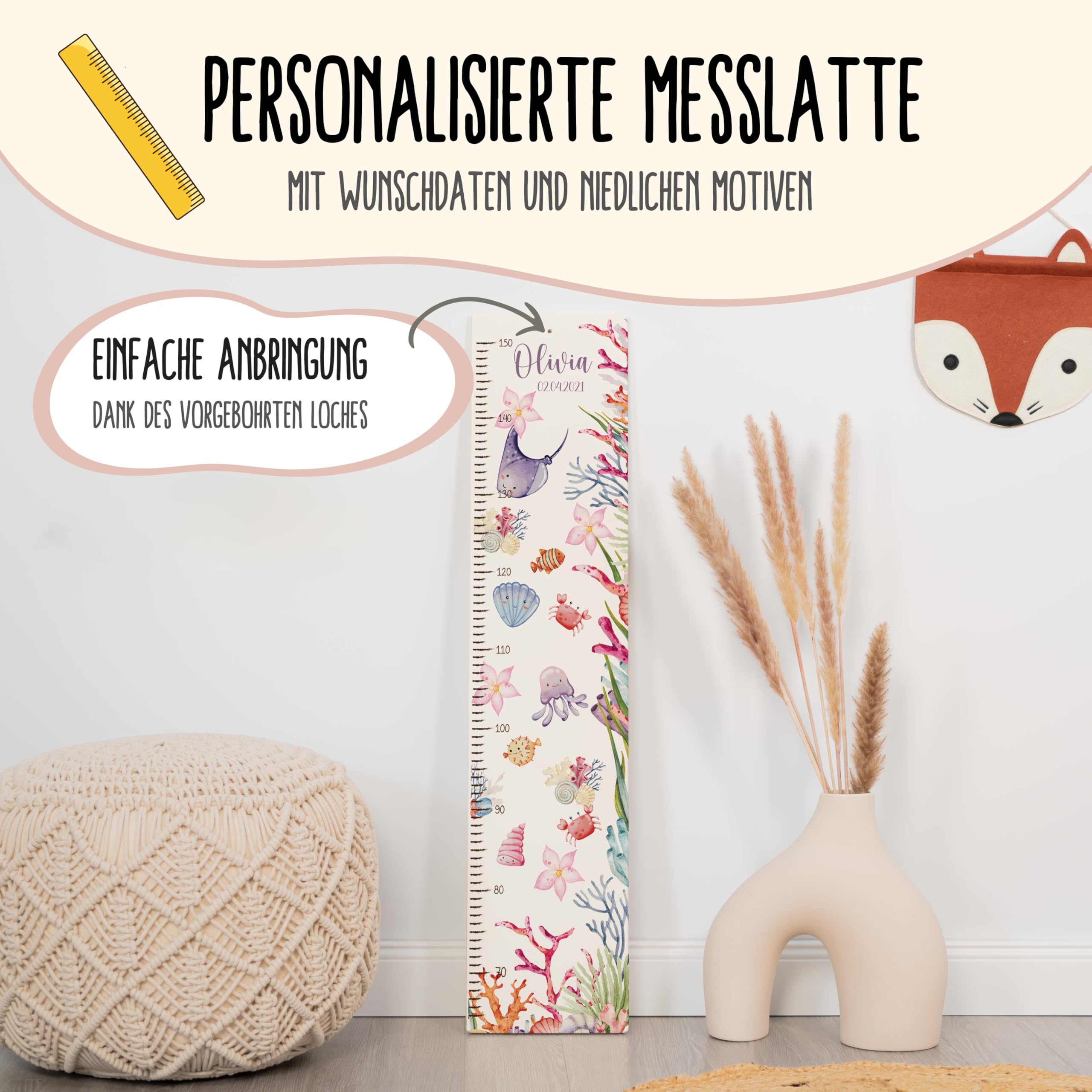 Personalisierte Messlatte Kinder 70-150 cm - Einzigartige Kinderzimmer Deko Mädchen und Jungen, Größenmesser Kinder mit Namen