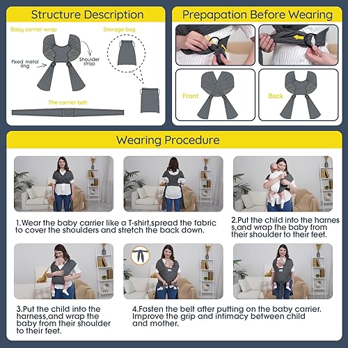 Miniatura 7 de -Portabebés - Portabebés recién nacido a niño pequeño, fácil de envolver recién nacido, tamaño grande, manos libres, anillos de ajuste rápido,