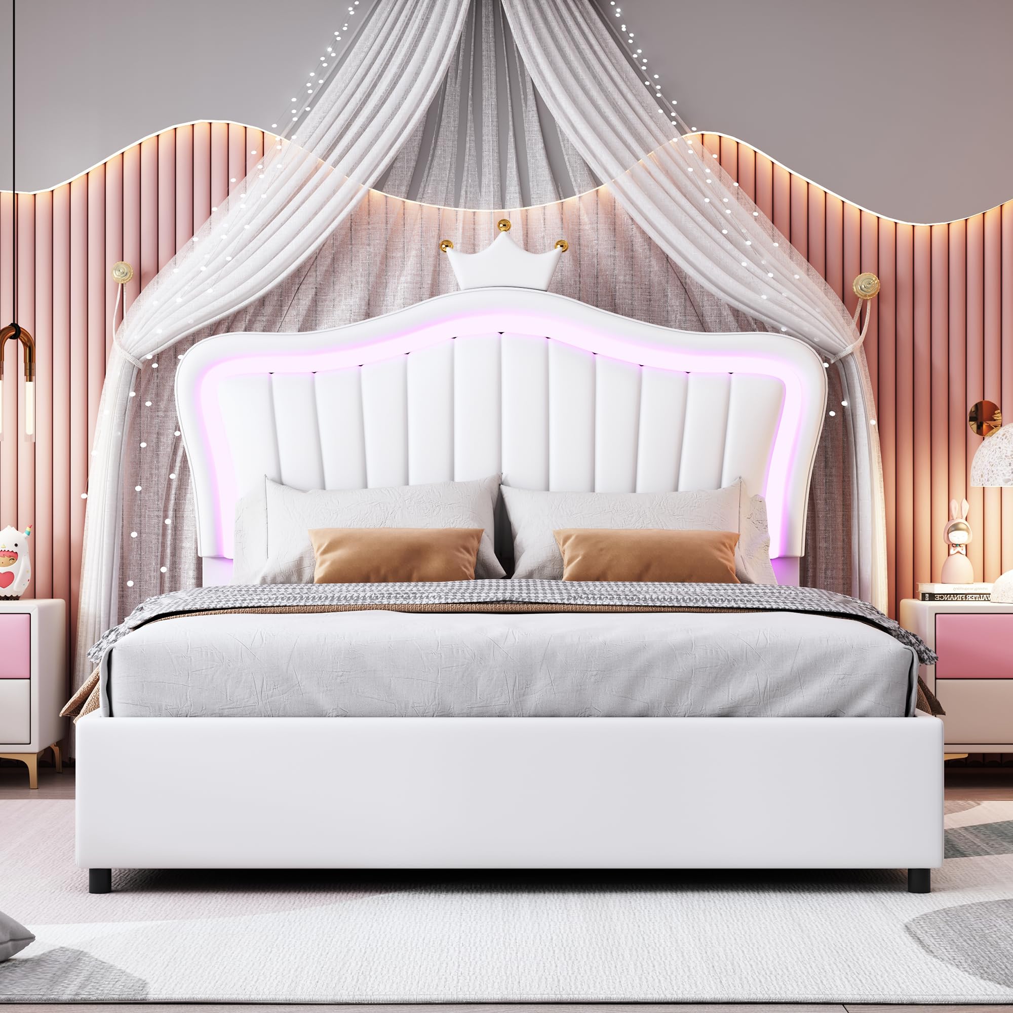 Shye Lettino imbottito per bambini, letto idraulico, struttura singola con corona rosa, in pelle PU con luci, rete a doghe e schienale, 140 x 200 cm (bianco)