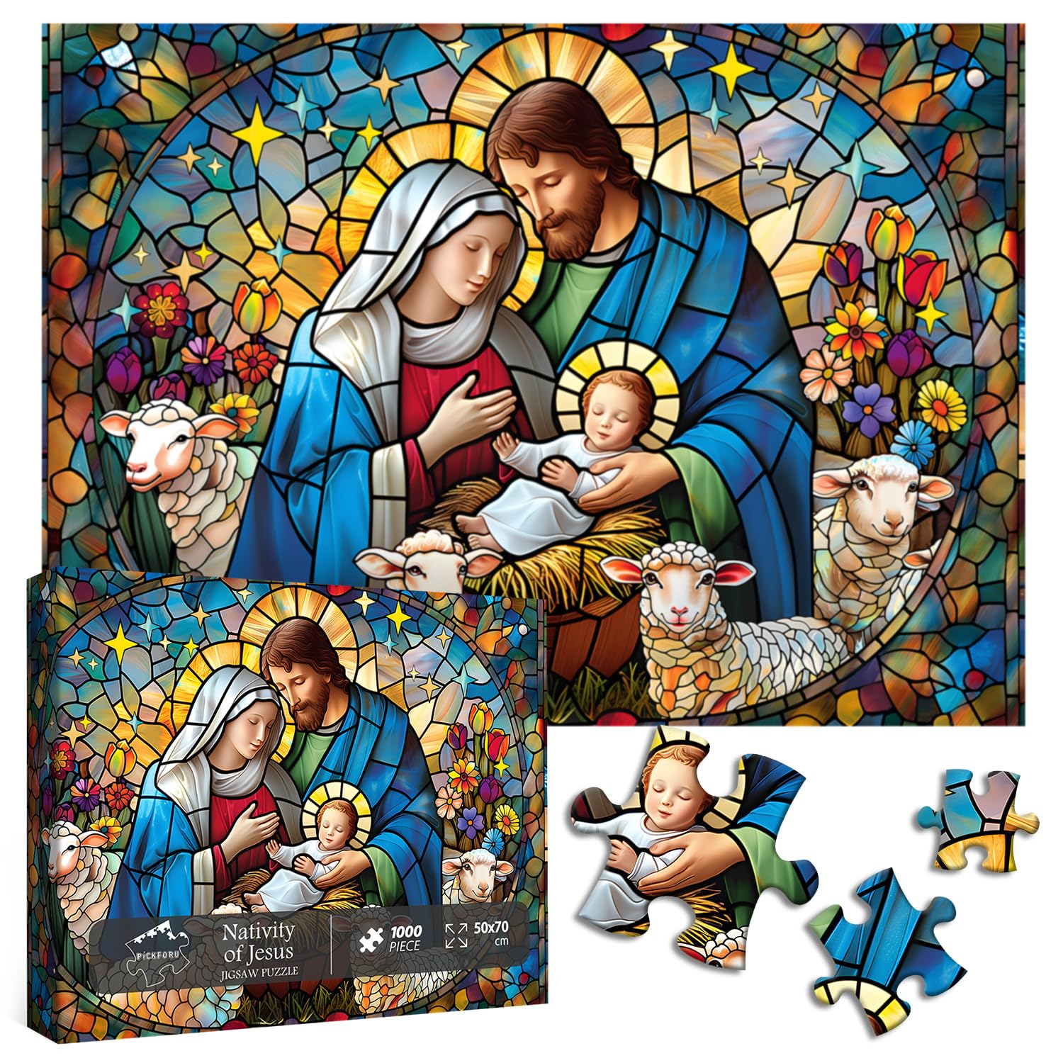 PICKFORU Jesus Stained Glass Puzzles for Adults 1000 Pieces and up, Colorful Christmas Nativity Jigsaw Puzzle, Difficult Mosaic Jigsaw Puzzles as Home Decor