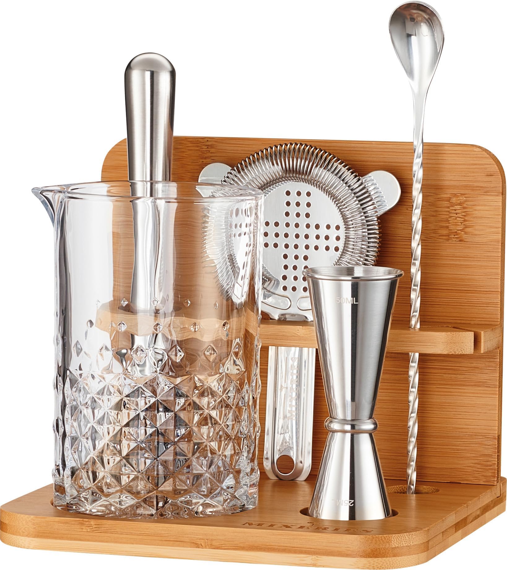 Mixeries Crystal Cocktail Mixing Glass Set with Bamboo Stand - 22 Oz 650ml - Thick and Sturdy Bottom, Durable and Seamless Design with Bar Accessories