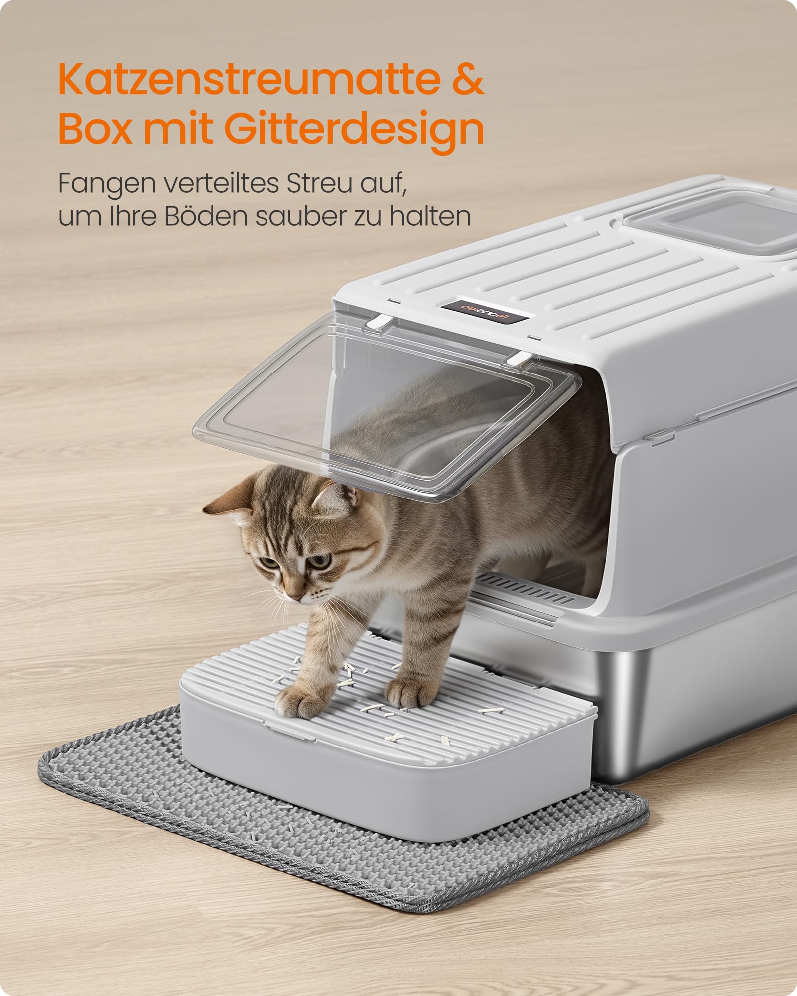 Feandrea Katzenklo Edelstahl, Katzentoilette mit Deckel, mit Schaufel, Katzenstreumatte und 2 Eingängen, für Katzen bis 15 kg, hellgrau PPT007GD01