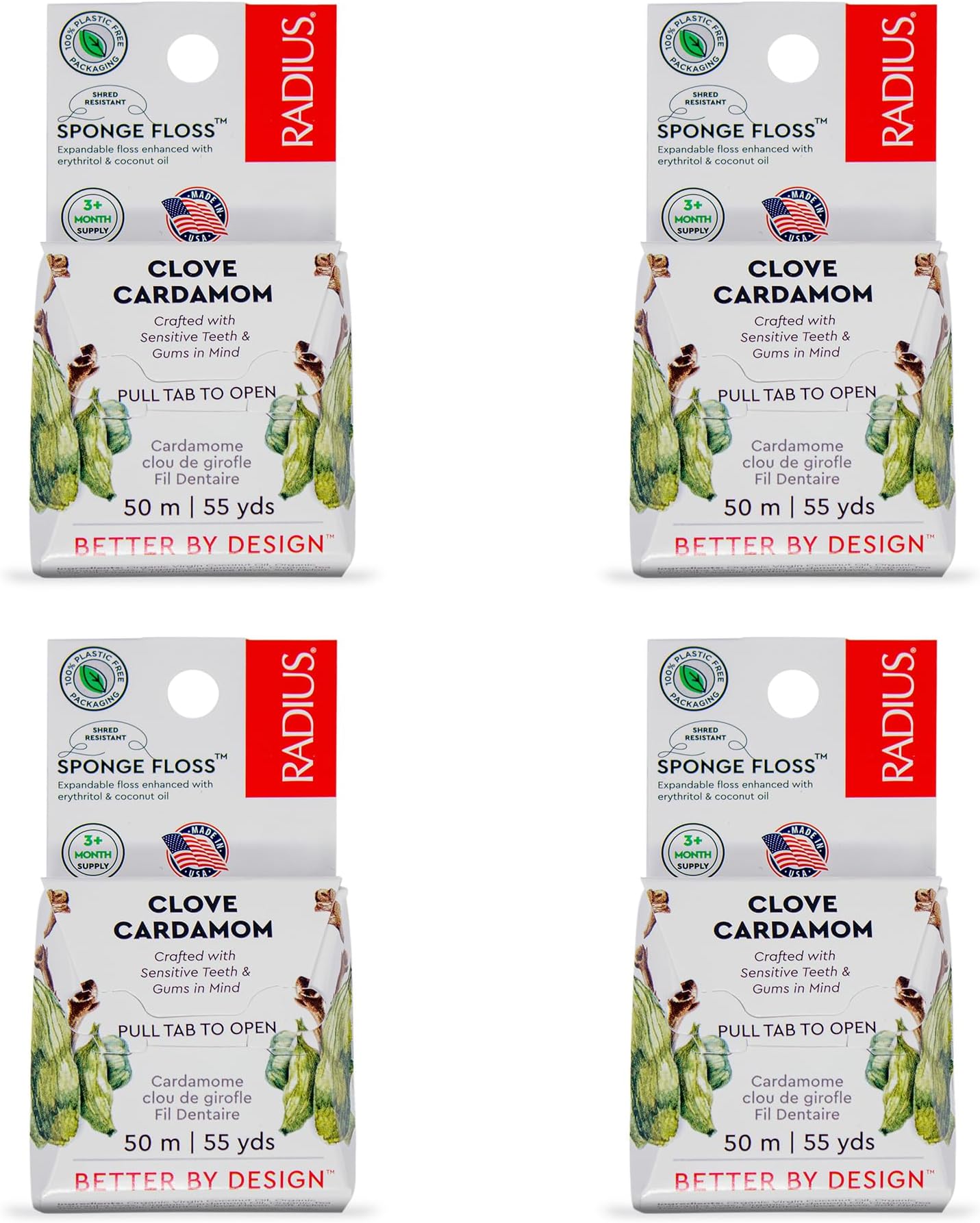 Radius Clove Cardamom Dental Floss 55 Yards Vegan & Non-Toxic Oral Care Boost & Designed to Help Fight Plaque Clear - Pack of 4