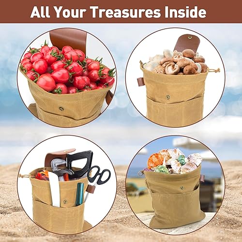 Miniatura 5 de Bolsa de forrajeo de lona encerada para acampar al aire libre, bolsa de forrajeo resistente al agua, plegable, de hongos marrones, bolsa de