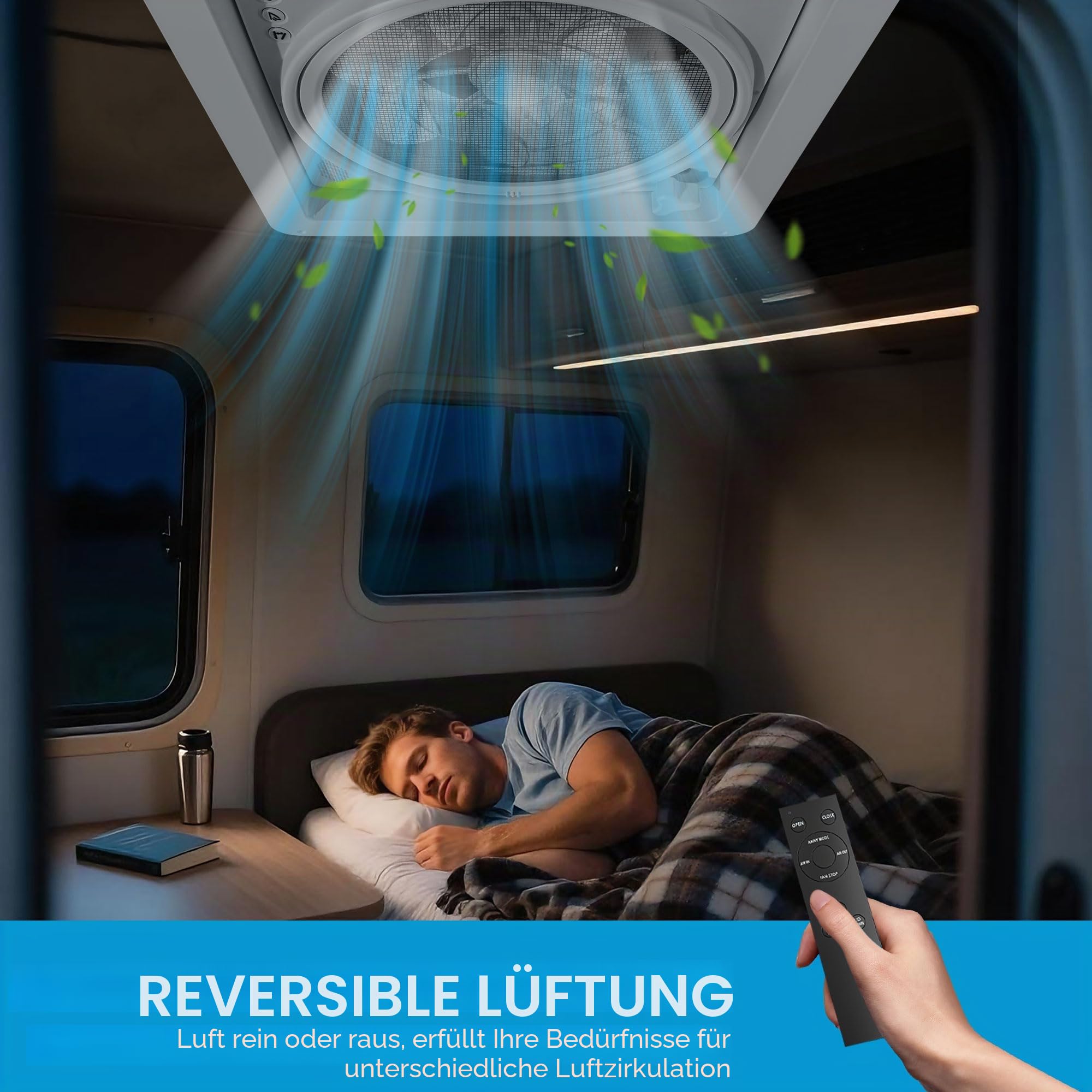 2012 Wohnmobil Dachventilator 400 mm, 12V Dachlüfter mit LED-Licht & Fernbedienung, Reversibler RV Abluftventilator für Wohnwagen, Extrem Leise Dauerbelüftung, UV-beständige