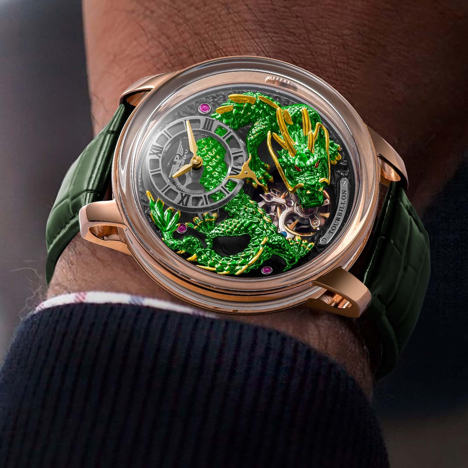 Automatik Uhr Herren - 3D Drache Design Herrenuhr Automatik mit Lederarmband, 45.5mm Edelstahlgehäuse, Luxuriöse Uhr Herren für Alltag & Festlichkeiten