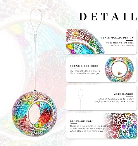 Miniatura 4 de VCUTEKA Comedero de mosaico para pájaros para colgar en el exterior con recipiente de vidrio de forma redonda para atraer más aves silvestres para