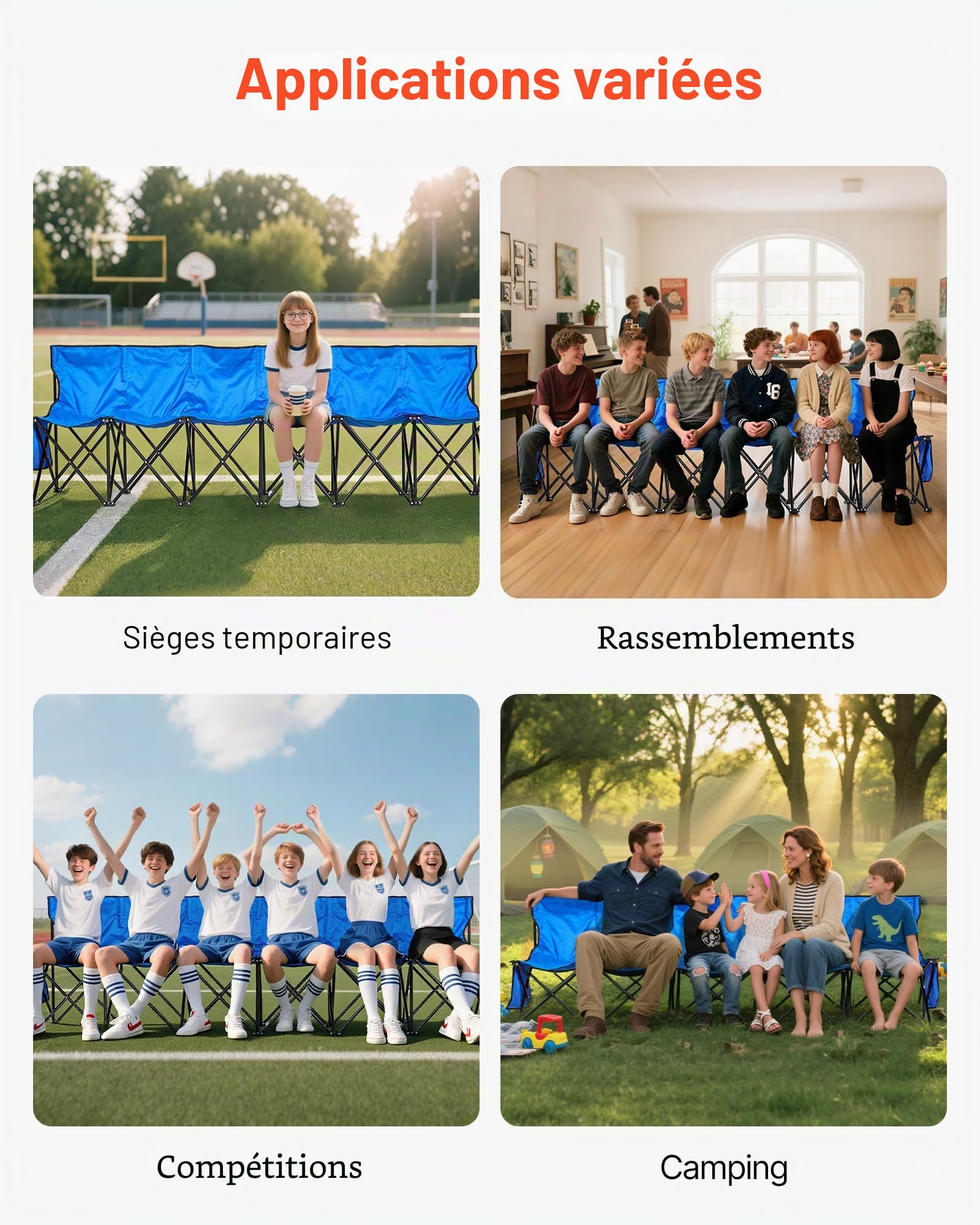 VEVOR Banc Pliant Portable à 6 Places, Banc de Camping Pliable avec Poches de Rangement et Sac de Transport, siège latéral léger avec Dossier pour Football, Baseball et événements en Plein air, Bleu