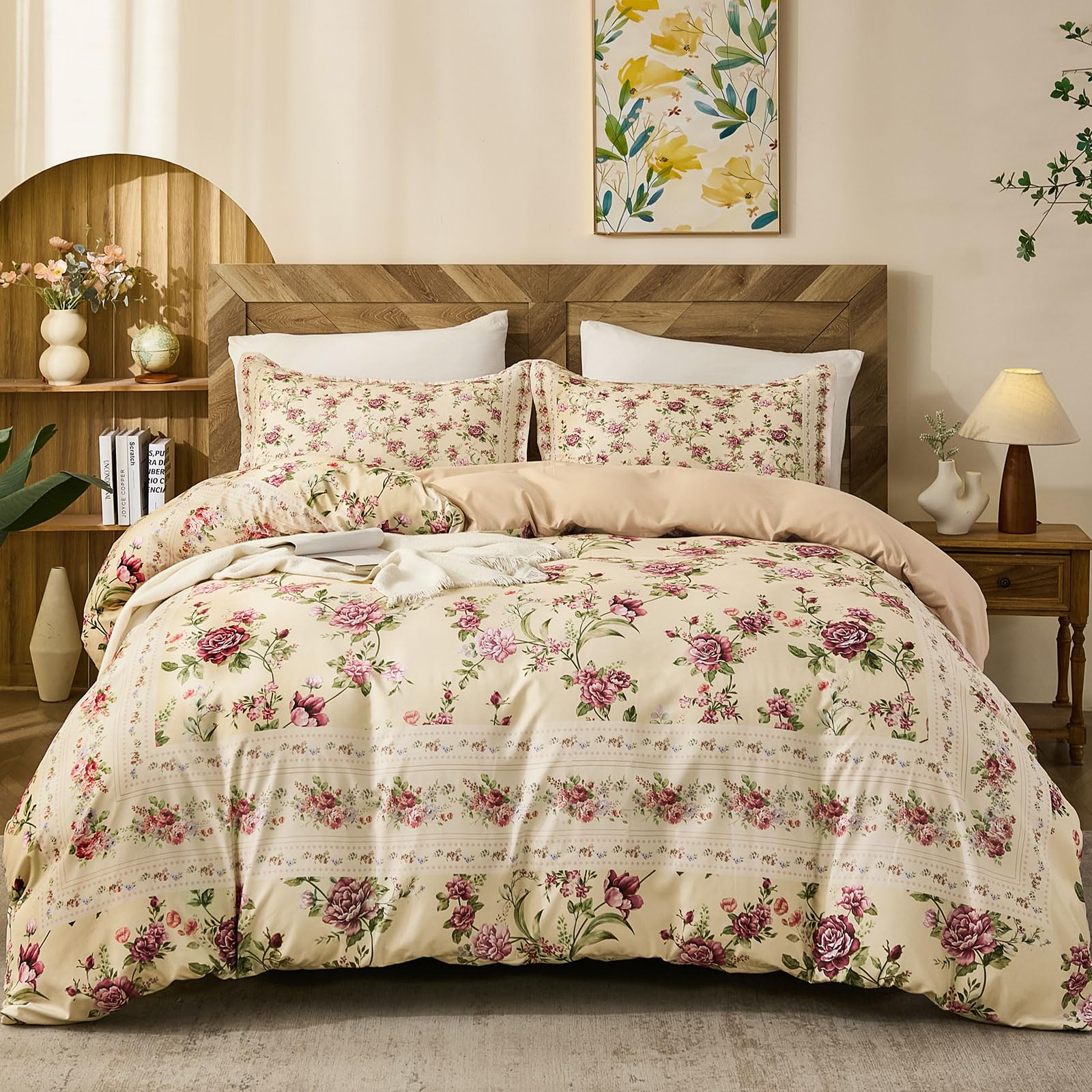 Fondream Floral Double Duvet Set with 2 Pillowcases, Yellow