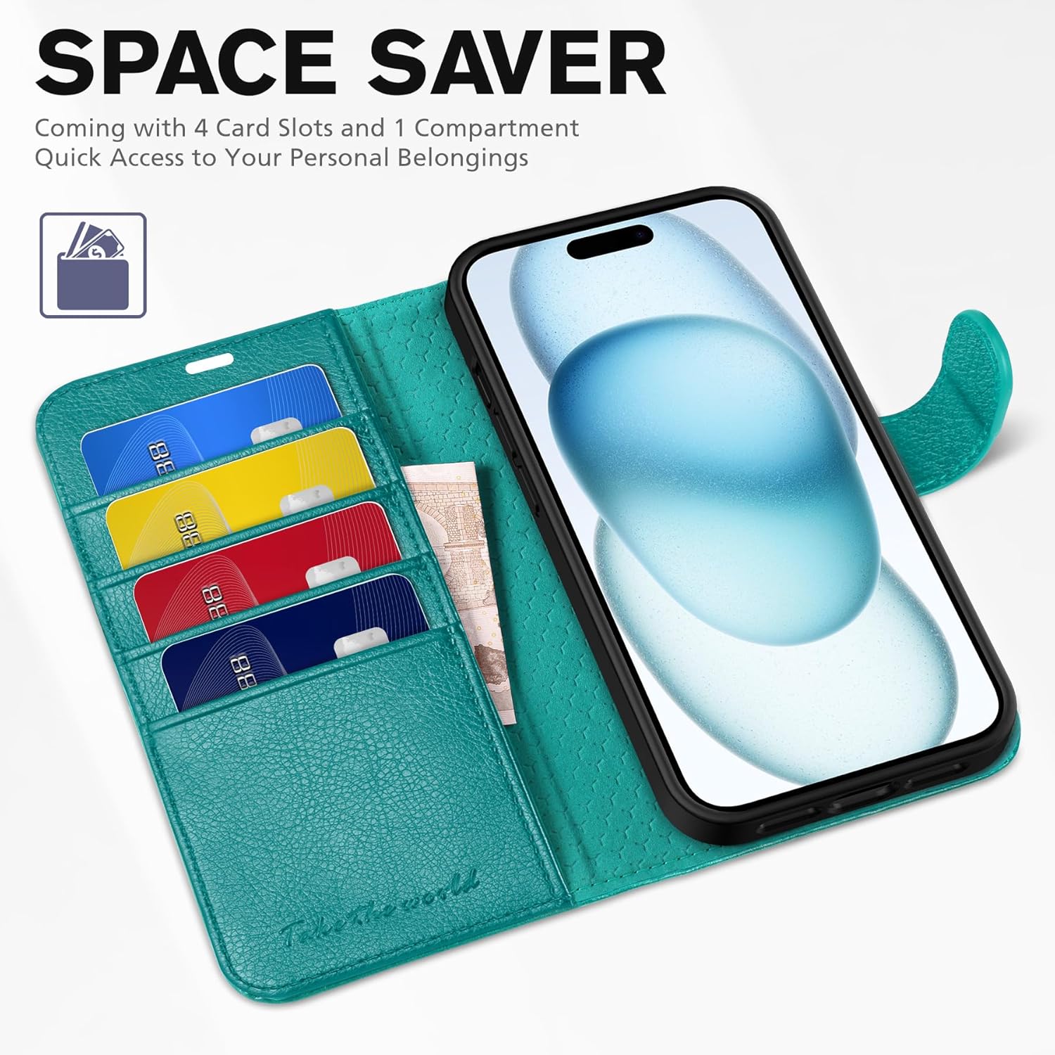 TUCCH Case Wallet for iPhone 15, [RFID Blocking] PU Leather Stand Folio Cover with 4 Card Slots [TPU Protective Interior Shell], Magnetic Flip Case Compatible with iPhone 15 5G 6.1-inch 2023, Cyan