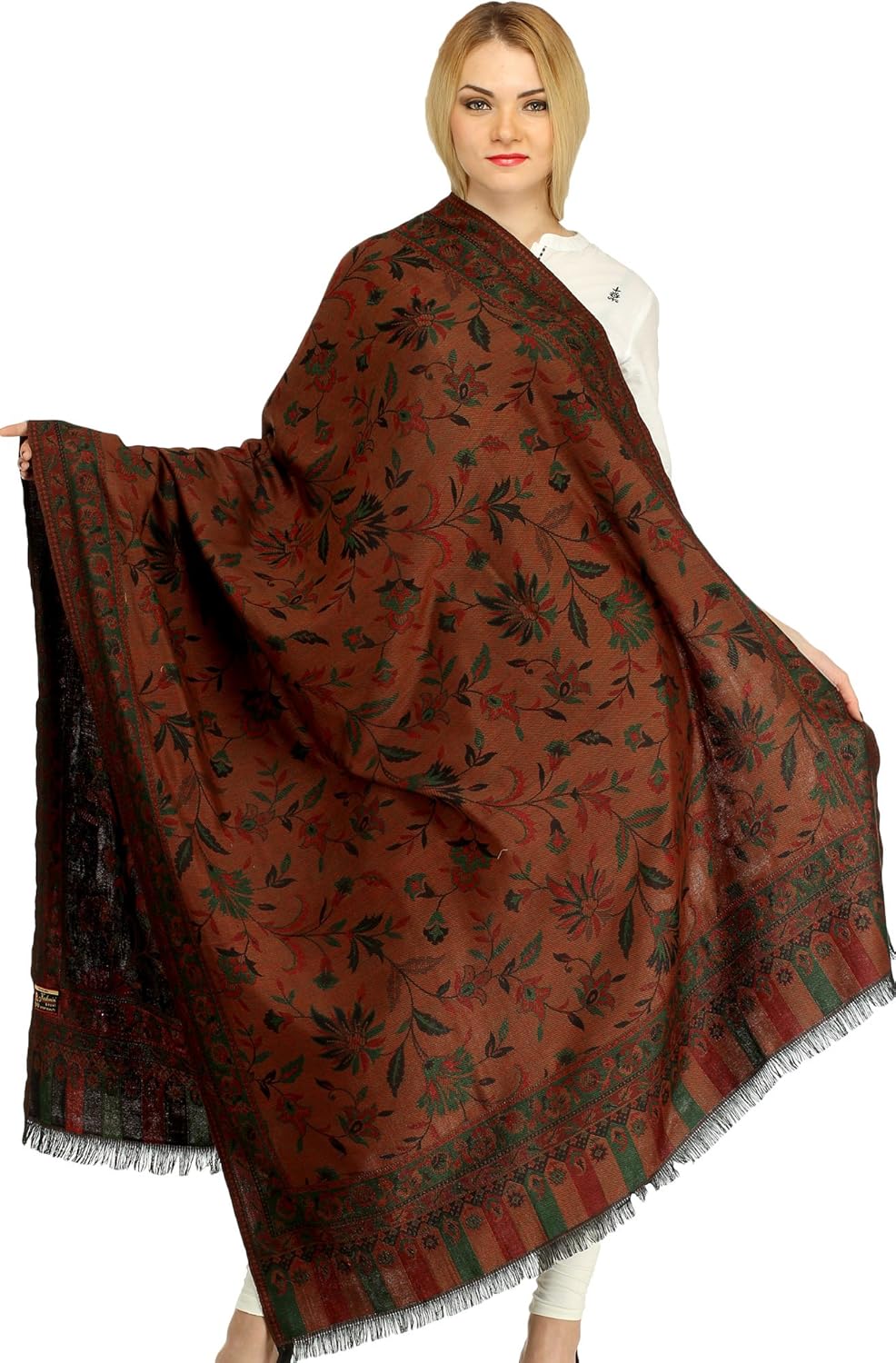 Exotic India Women Reversible Jamawar Wool Shawl with Woven Flowers | Ethnic Beautiful Floral Weave Stole, Dupatta