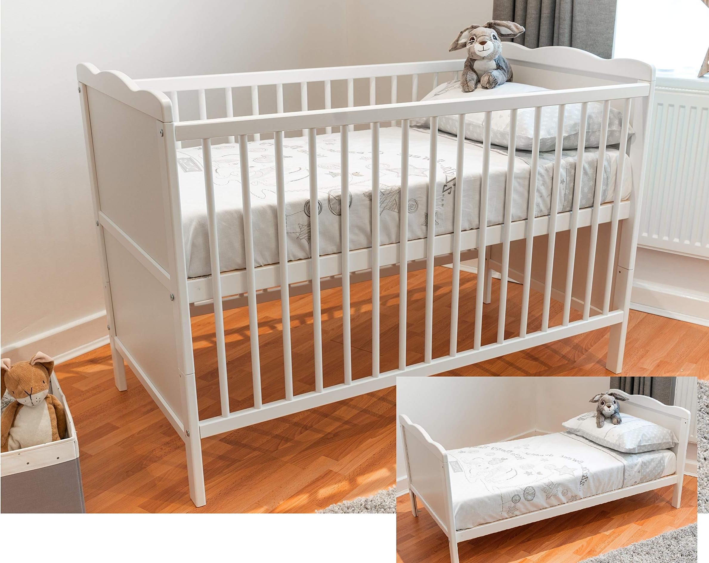 B4BedsWhite Wood Baby Cot Bed & Deluxe Foam Mattress Converts into a Junior Bed, 3 Base Level