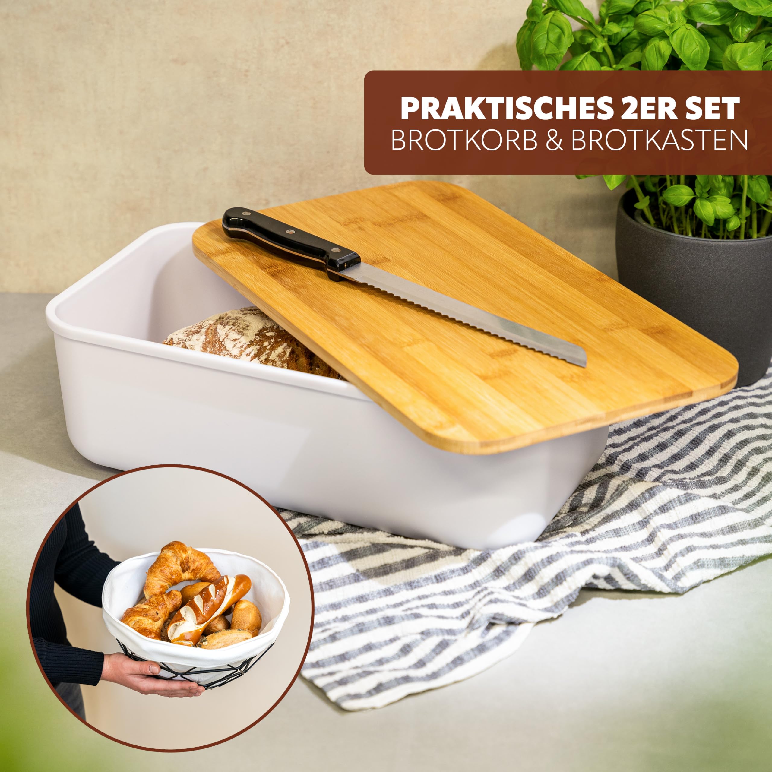 eluno Juego de 2 paneras: panera cuadrada de plástico blanco y cesta de metal con funda de tela lavable, ideal para pan, frutas, verduras y aperitivos