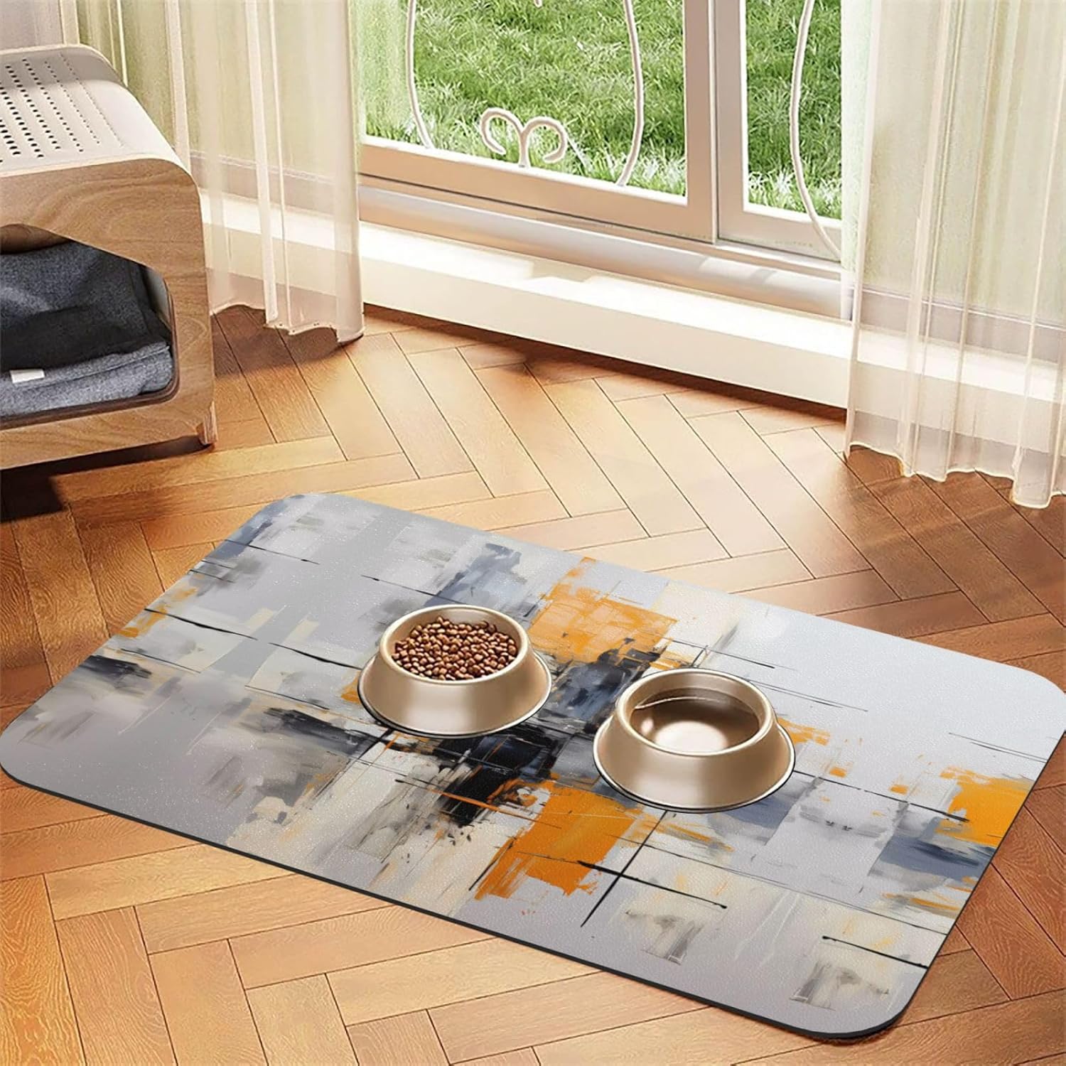 40x60cm Pet Absorbent Feeding Mat - Grey and Yellow Abstract Art Painting Print Leather Non-Slip Placemat, for Dog Cat Food and Water Bowl Pads