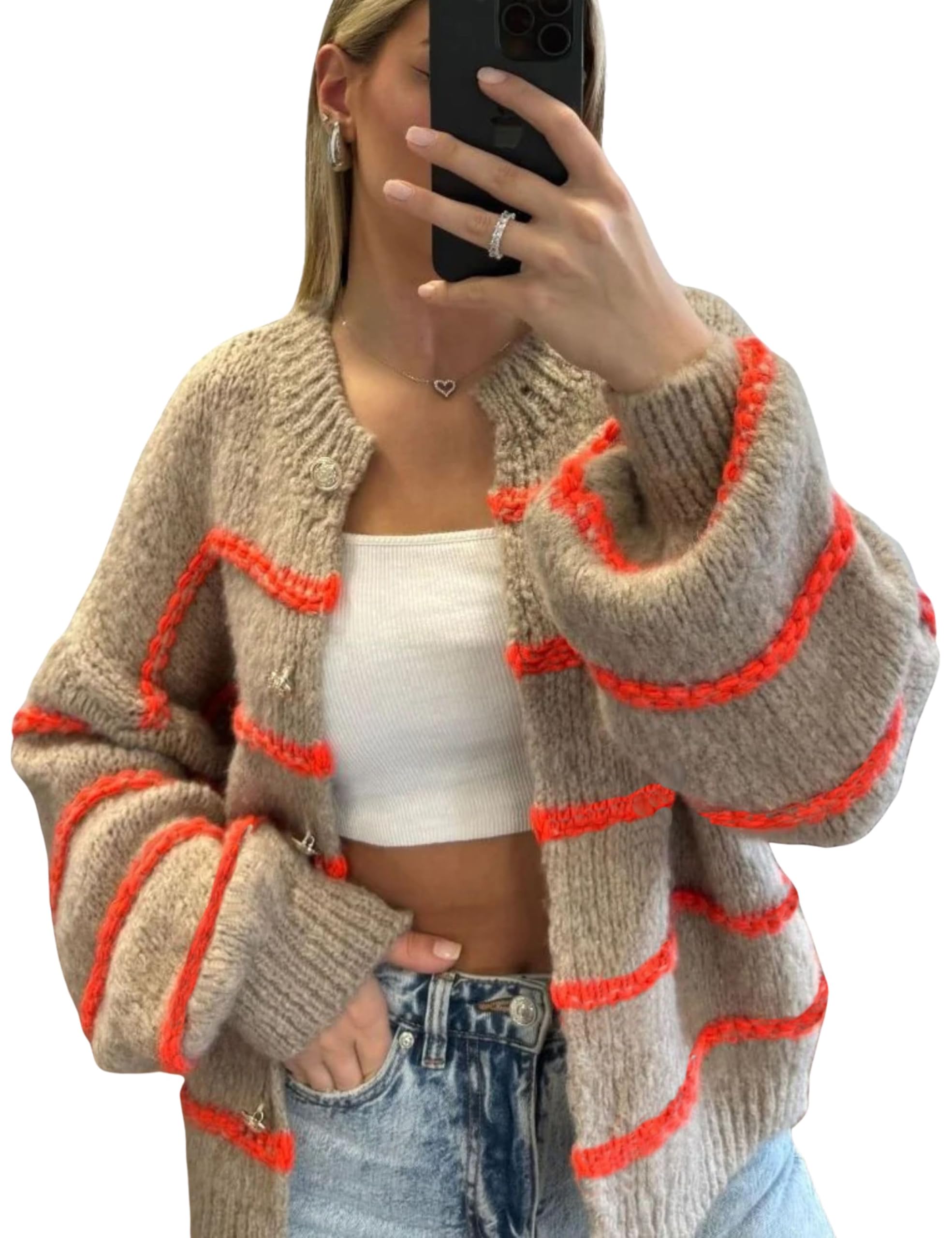 QIBABU Womens Striped Cardigan Sweaters Casual Open Front Long Sleeve Button Down Knit Outwear