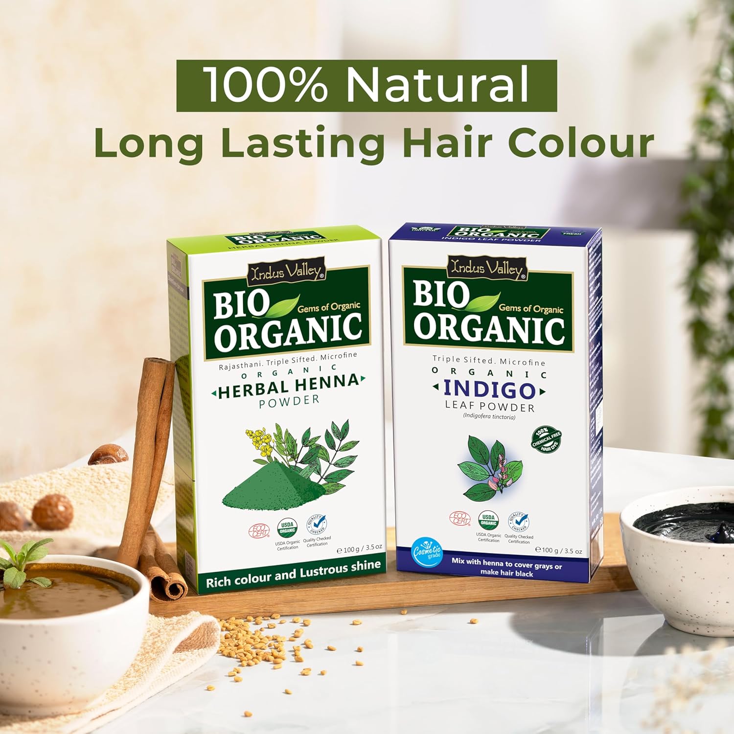 INDUS VALLEY Bio Organic 100% Pure Indigo Powder & Herbal Henna Powder Hair Color Combo Kit for Natural Hair Dyeing - Black, Indigo - 100 gm Each, Without Preservatives - Image 8