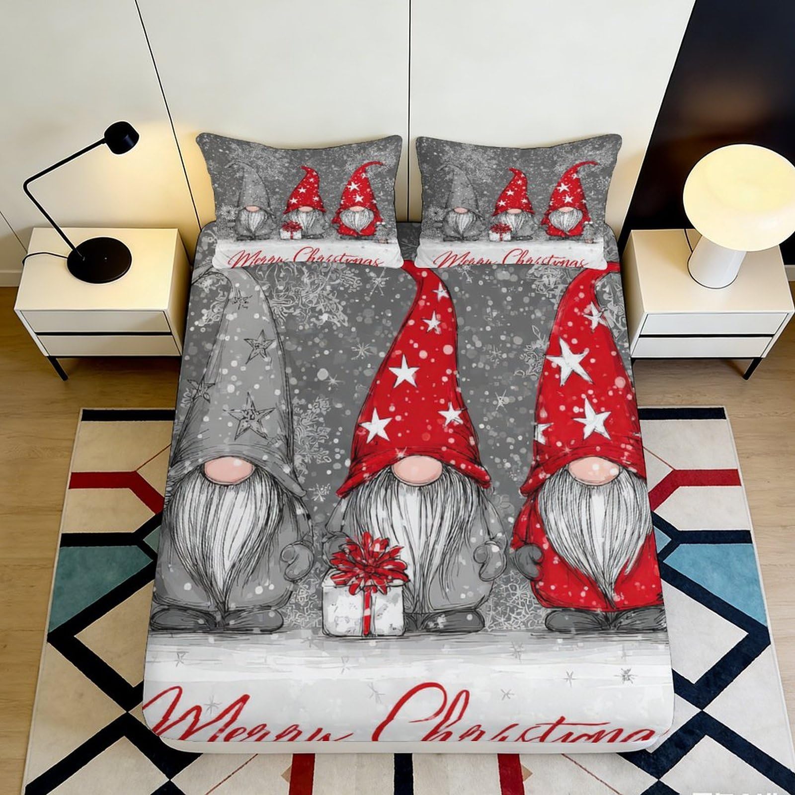 3D Printed Christmas Gnome Fitted Sheet Microfiber Soft Breathable Merry Holiday Bed Cover for Bedroom Dormitory Guest Room Mattress Protection 120x200x25cm
