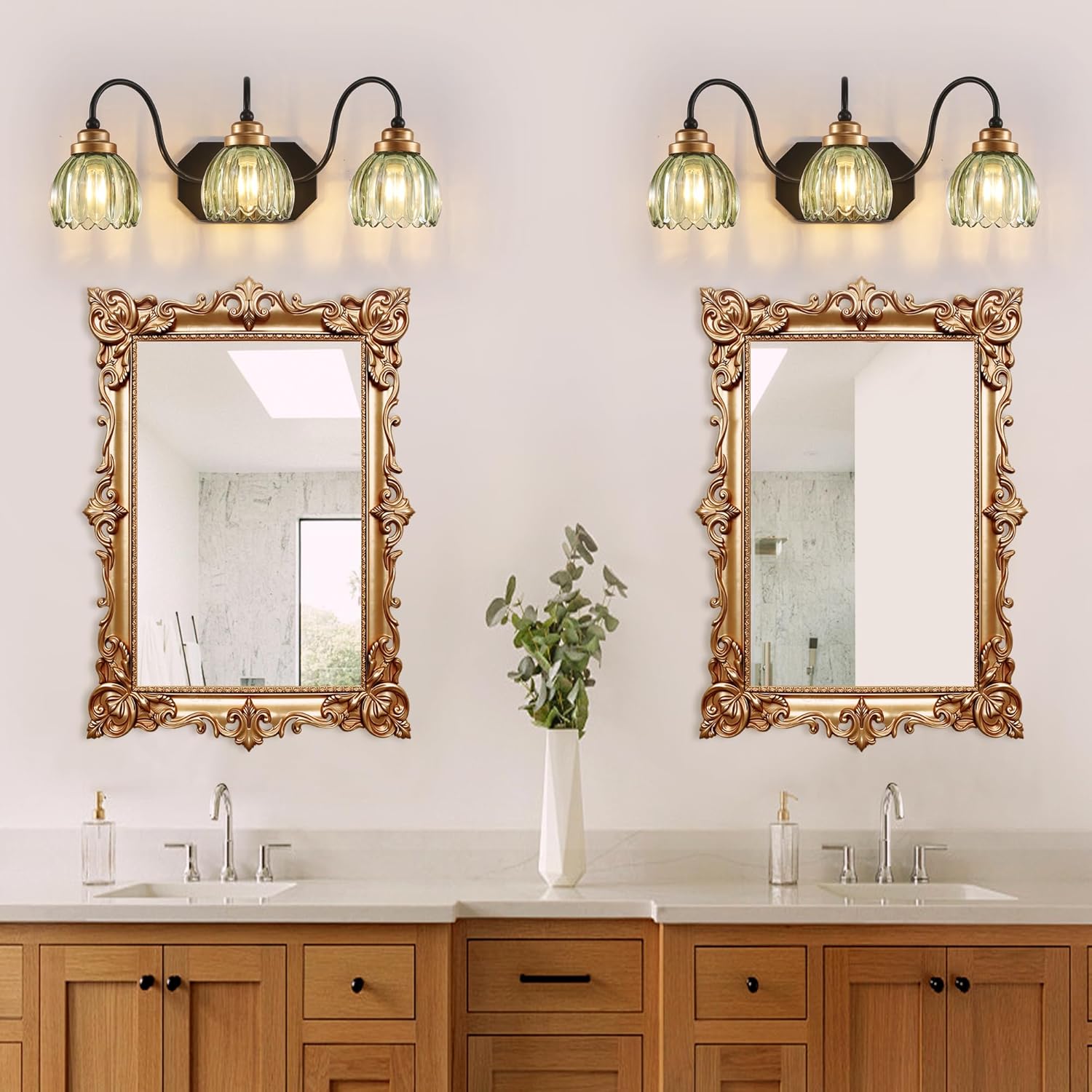 Vintage Bathroom Vanity Light, Bathroom Lighting Fixtures Over Mirror, Mid Century Style Farmhouse Light Fixtures with Green Glass Shades, Black Finish Wall Mount for Bedroom (Green, 3-Light)