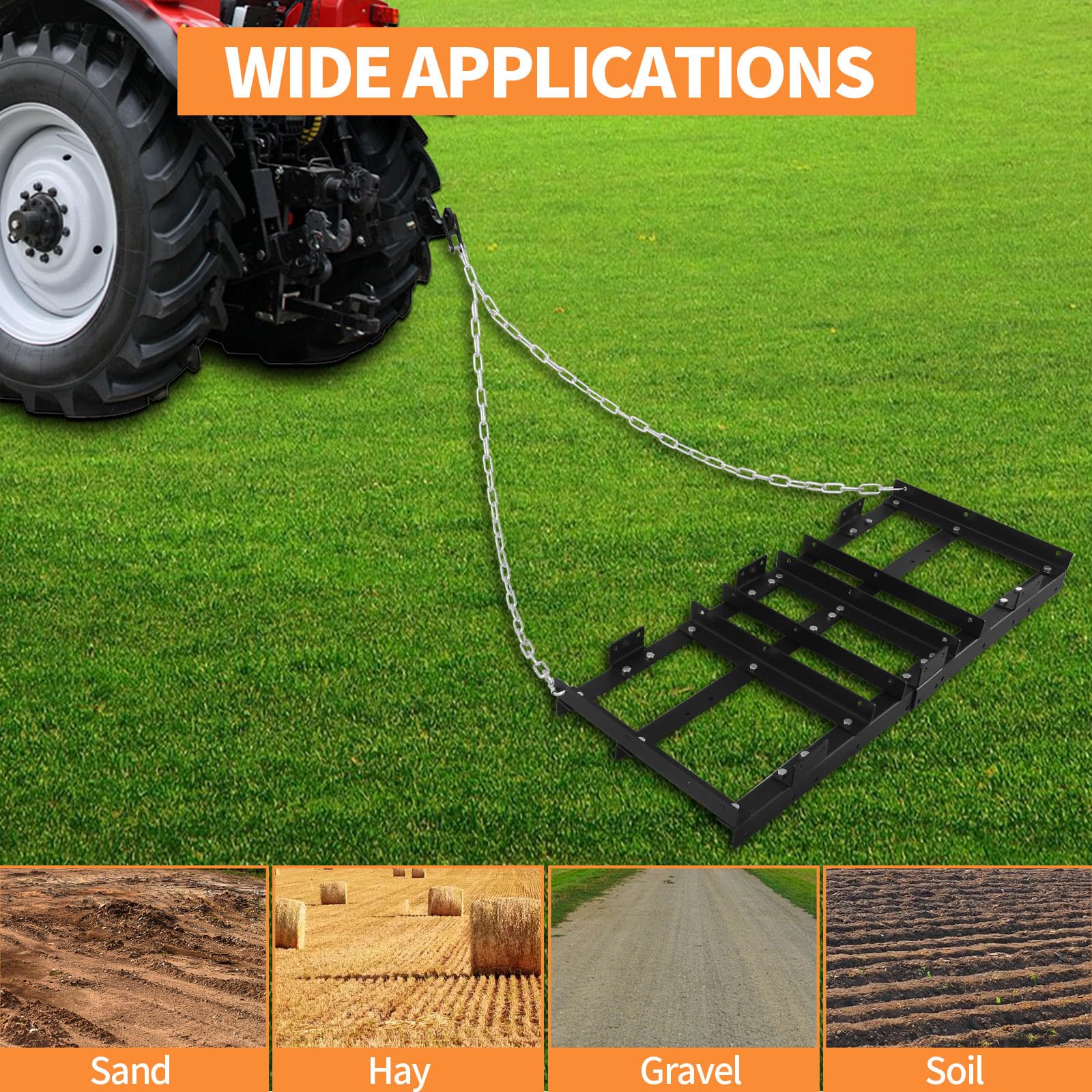 Rastrillo de remolque resistente detrás del paisaje, nivelador de grava para ATV, tractor, cortacésped