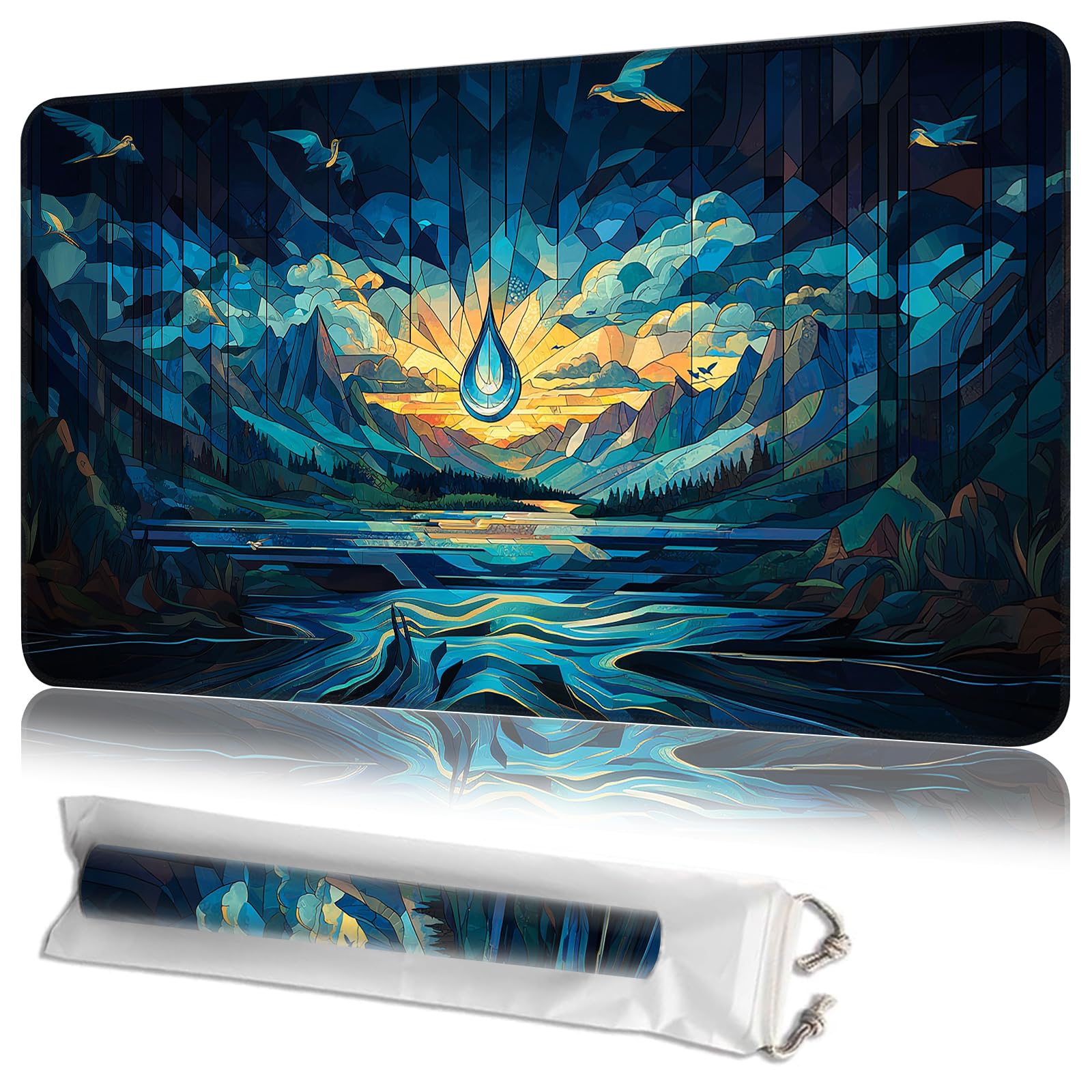 JANENFNA TCG Card Playmat 24" x 14" with Storage Bags for MTG Game Play Mats, Premium Stitched Non-Slip Rubber Tabletop Magic Play Mats Desk Duel Card Breaking Mats, Blue Island Water Drop — image 1