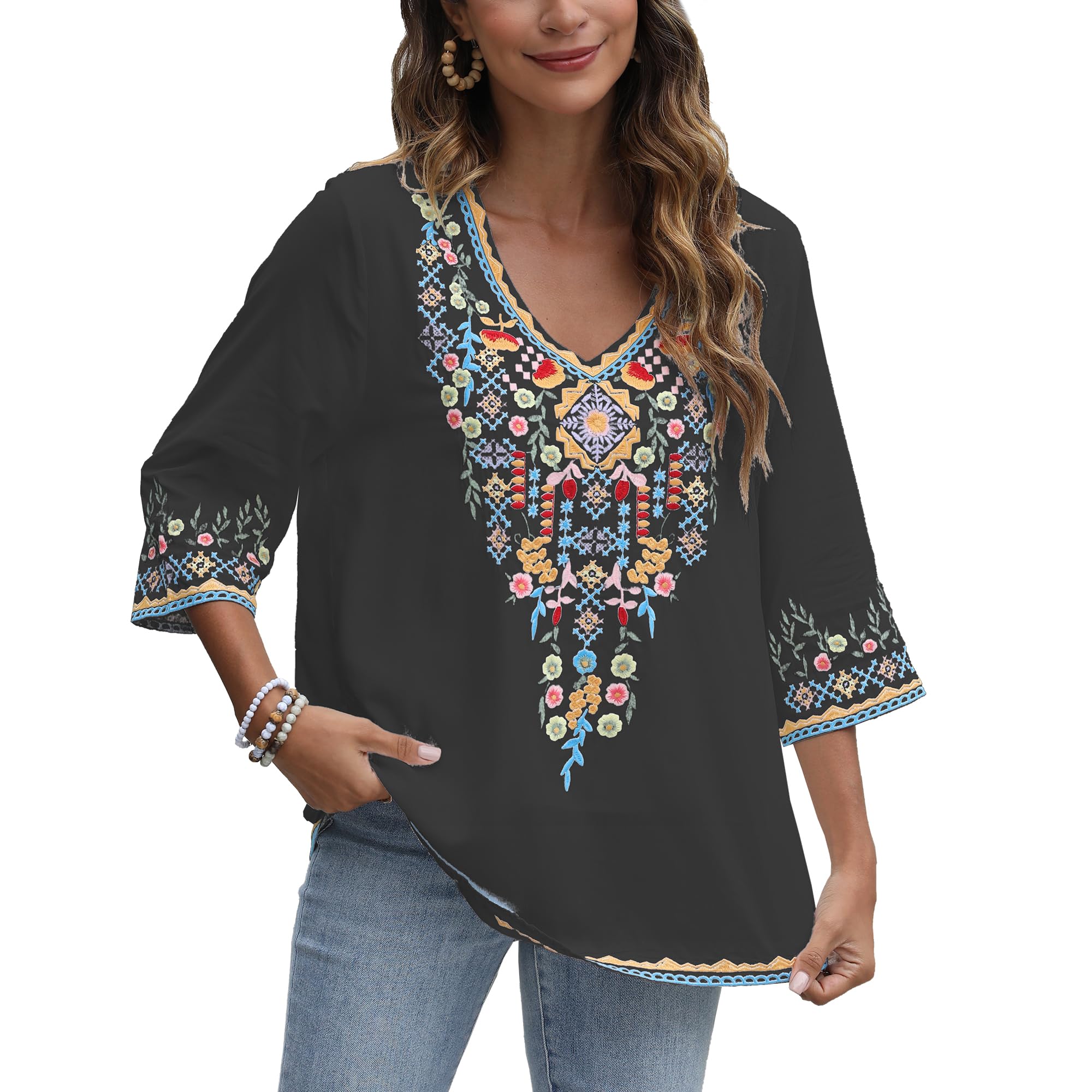 gosiea Mexican Embroidered Shirts for Women Bohemian Tops Peasant 3/4 Sleeve V Neck Shirt Tunic Blouses