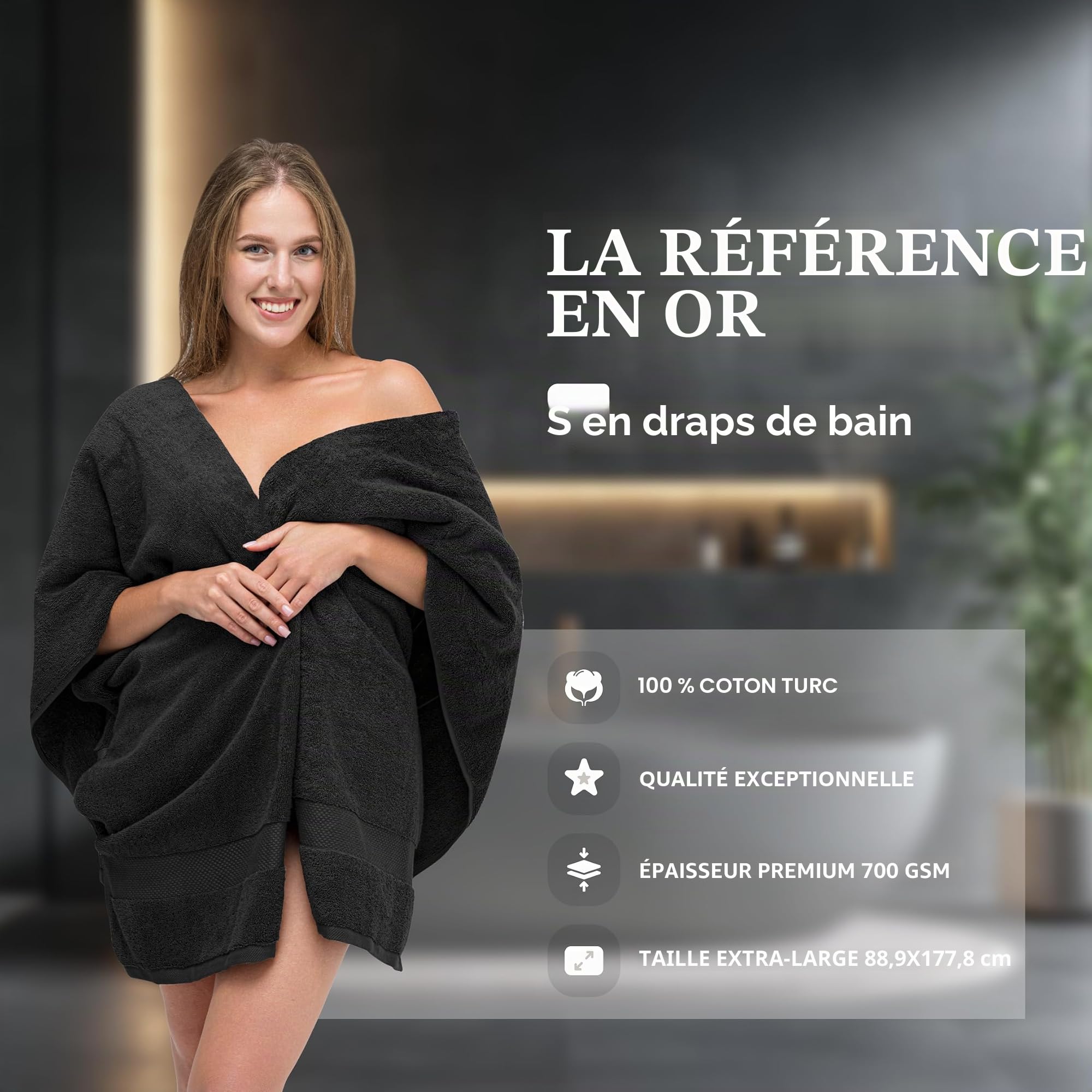 White Classic Lot de 2 Serviettes de Bain de Luxe Douces en Coton de 650 g/m² – Très absorbantes et à séchage Rapide – Collection hôtelière – Très Grandes Serviettes de Bain surdimensionnées – Noir