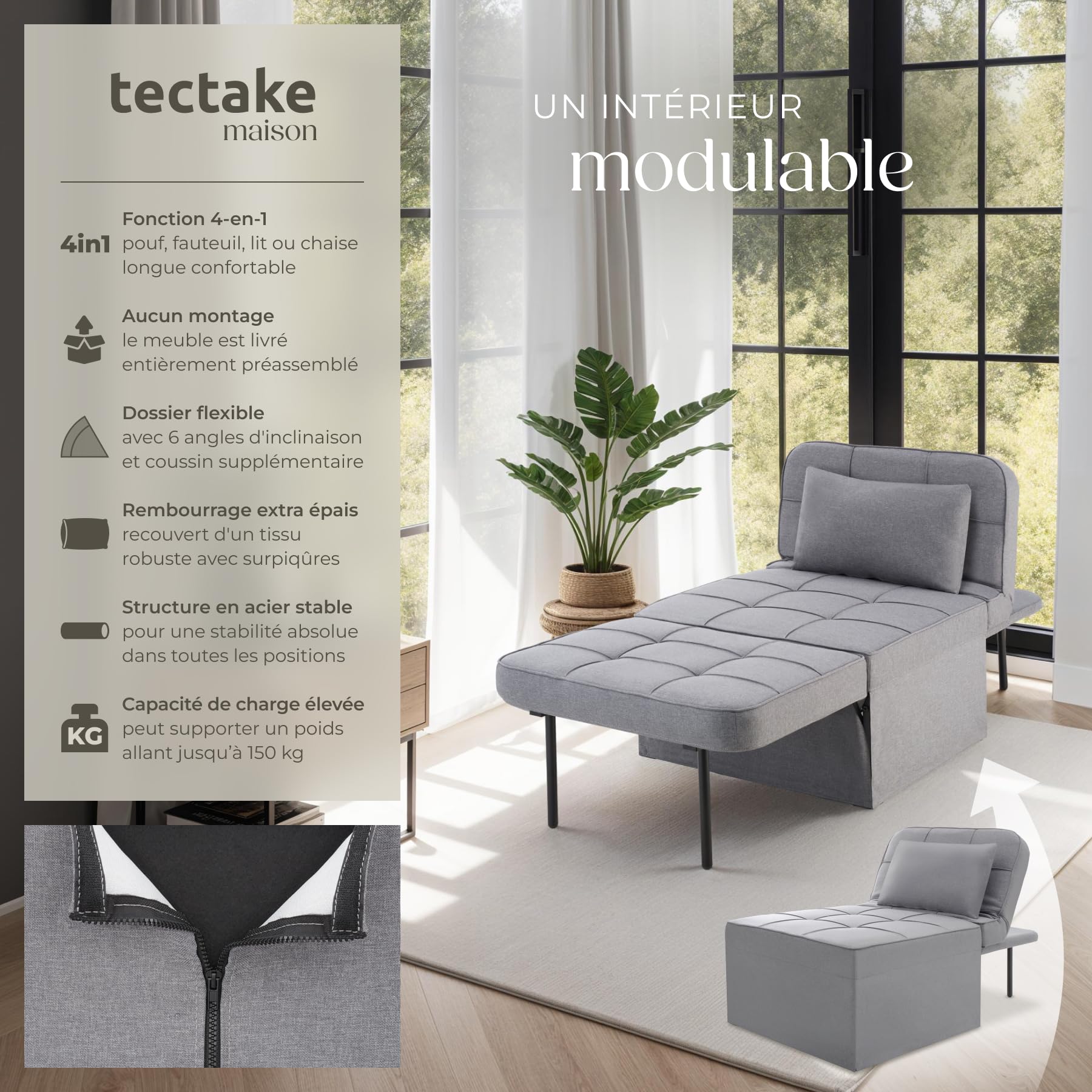 tectake® Tabouret Repose Pied Pouf Salon modulable 4en1 Chaise Longue Fauteuil Lit 1 Personne jusqu'à 150 kg Design scandinave Cosy pour Coiffeuse, Salon, Chambre, Bureau