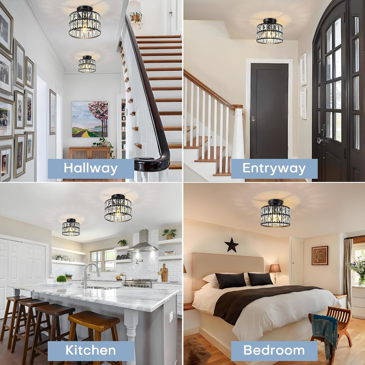 9 Inch Crystal Ceiling Light with Dimmable Options, Modern Flush Mount Chandelier for Low Ceiling, Crystal Light Fixture for Kitchen, Bedroom, Bathroom, Entryway, Hallway, Closet (Black)