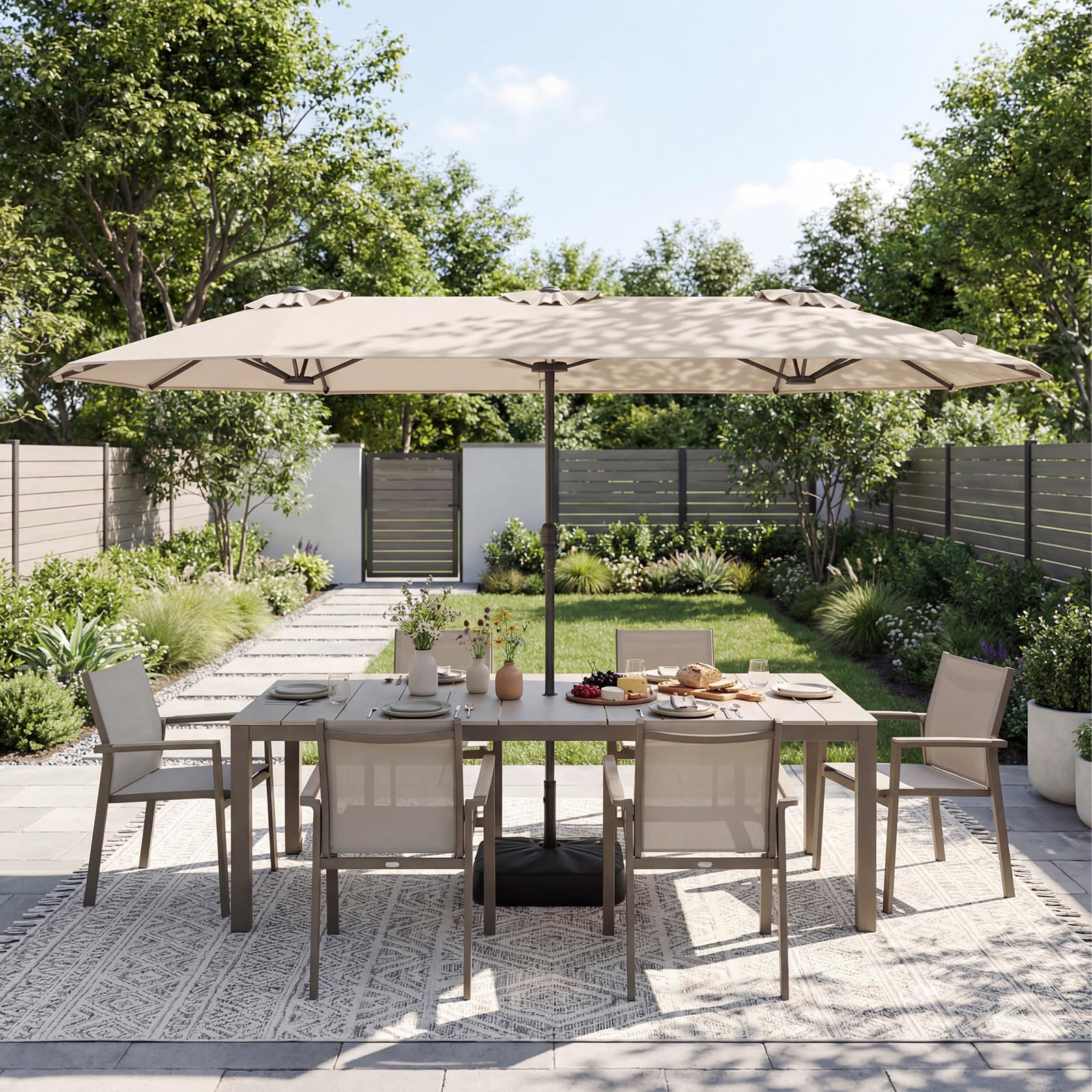 COSTWAY Ombrelloneda Giardino Doppio 400 x 200 cm, Ombrellone Rettangolare con Base, Anti-UV, con Manovella e 12 Stecche, per Giardino Piscina Patio (Beige)