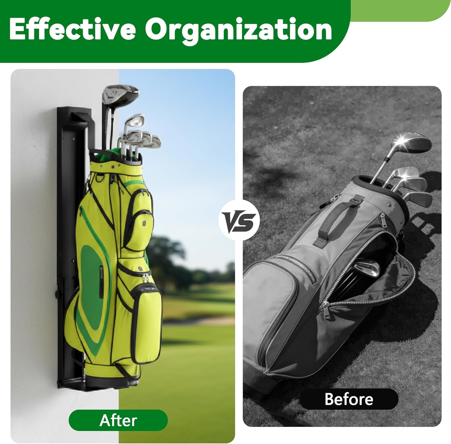 tonchean Wall Mount Golf Bag Storage Stand Adjustable Golf Bag Holder Foldable Golf Bag Organizer for Garage, Golfing Clubs, Home, Basement, Space Saving, Easy Install & Use