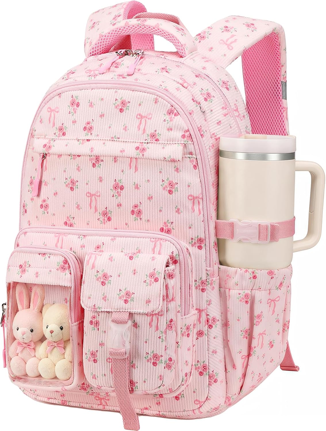BTOOP Multi-Compartment Kids Backpack for Girls, Cute Pink Bow School Backpack with Chest Strap, Side Pocket Fits 40 oz Tumbler, Luggage Strap, Girls Bookbag for Elementary Middle School