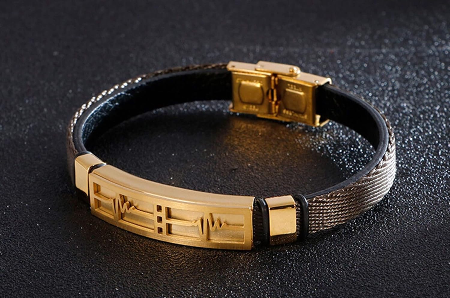 Daesar Bracelet Men Stainless Steel Bracelet for Men Leather Heartbeat Silver/Gold