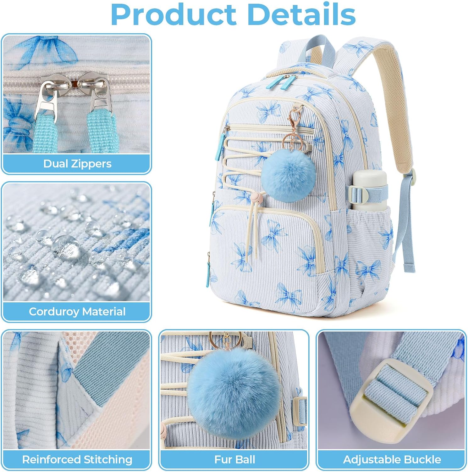 WOBAGMEN Corduroy Backpack for Kids Girls,Cute Aesthetic School Backpack with Multi-Pocket,Lightweight Bookbag Fits 15.6" Laptop,Large Capacity Casual Daypacks for Middle High School College,Blue Bow