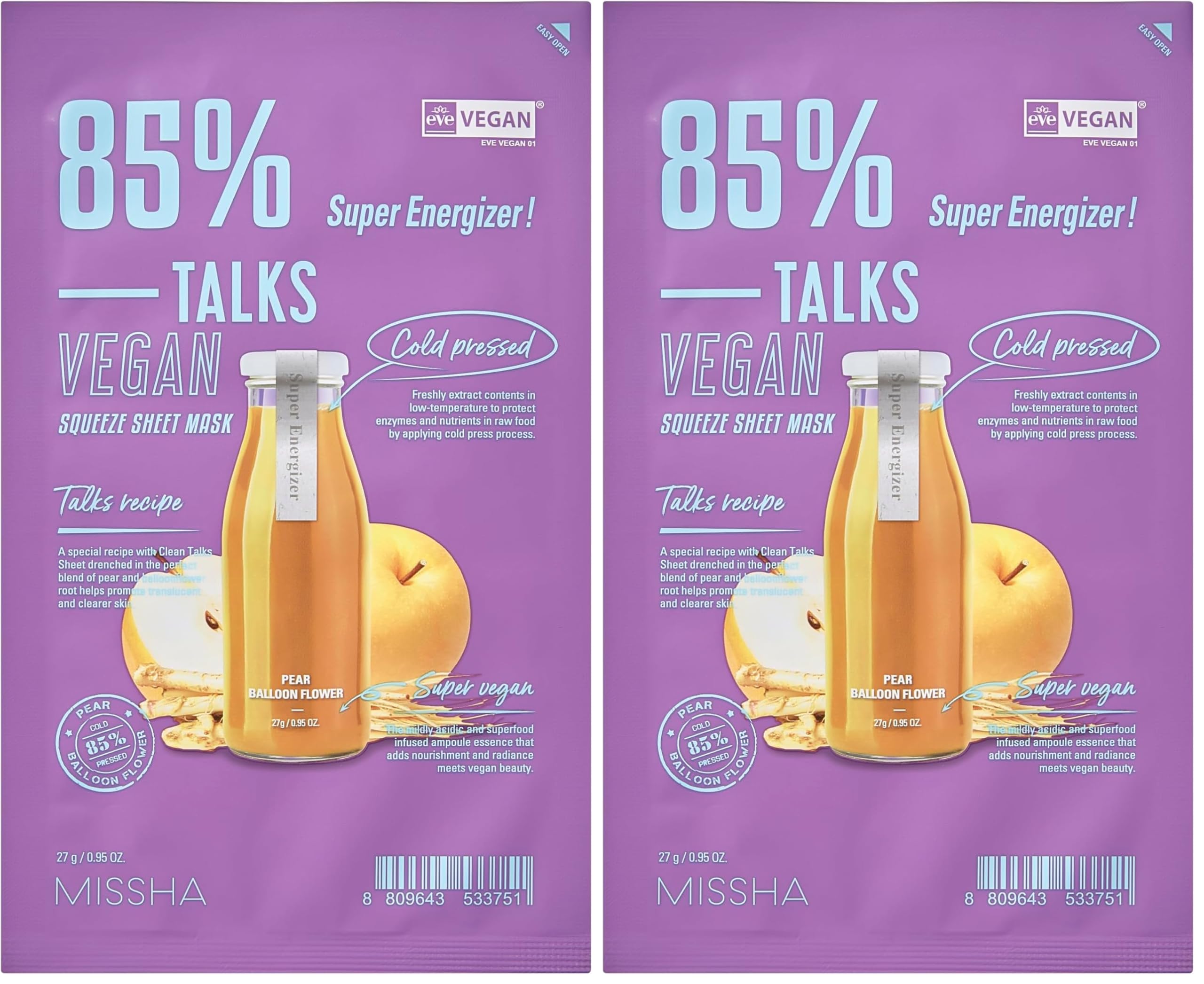 Canlandırıcı Vegan Yaprak Maske Talks Vegan Squeeze Sheet Mask (Super Energizer) 2li paket