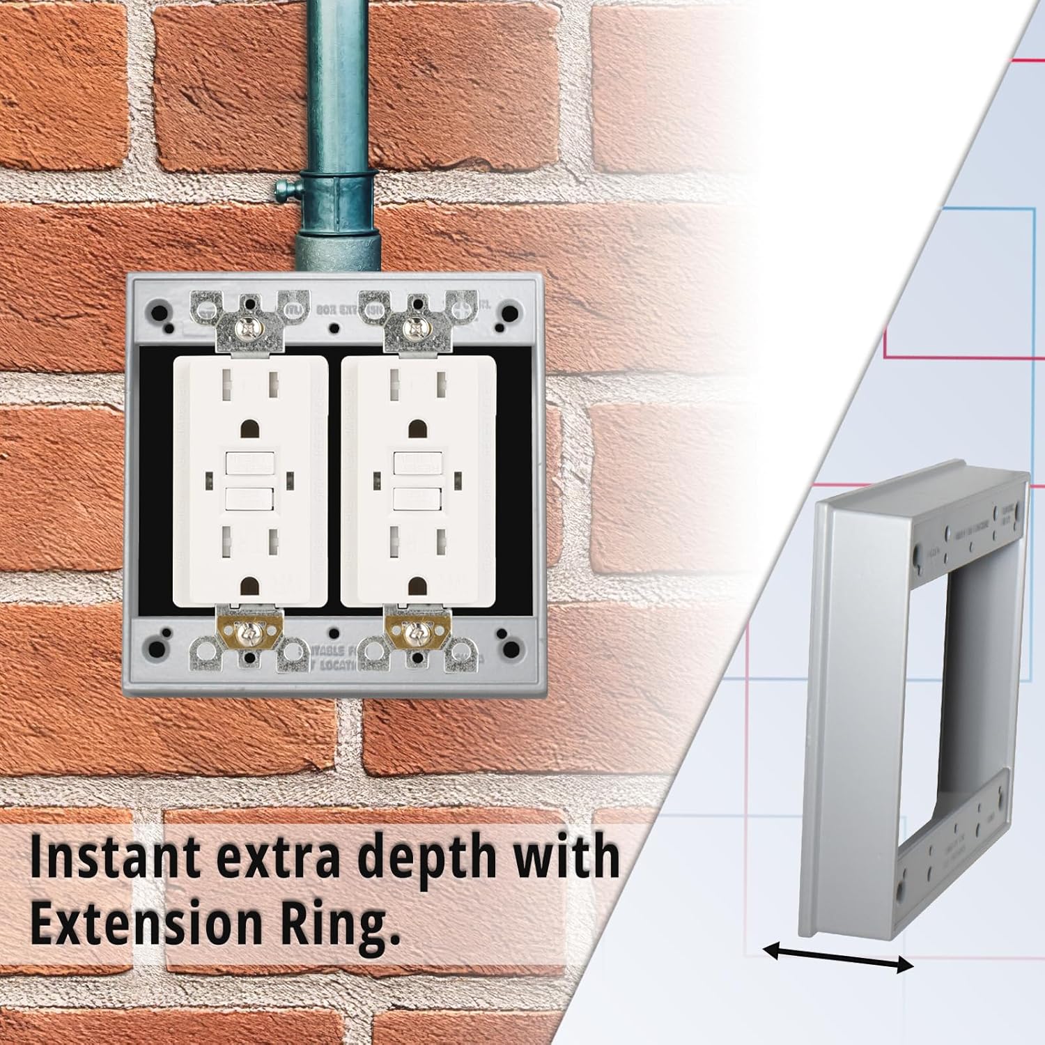 Metallic 2-Gang Weatherproof Extension Ring, 1-1/32 in. Deep, Metallic Grey Weatherproof Electrical Outlet Box Extension Ring, 3-Pack