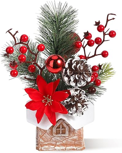 Pequeño árbol de Navidad artificial de mesa, mini decoración de árbol de Navidad con adornos navideños, conos de pino de bayas rojas para el hogar,