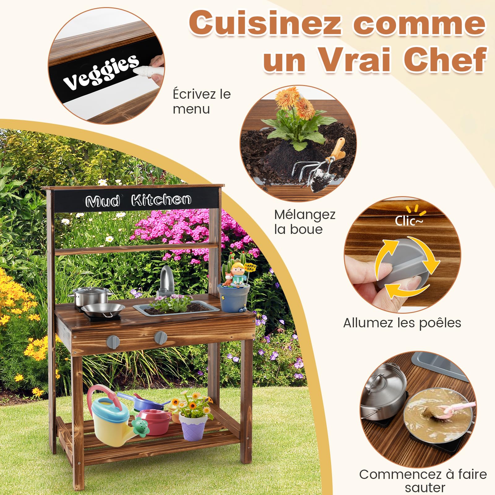 Cuisine Boue Extérieure Enfant En Bois | Avec évier Amovible, Outils Jardinage, Arrosoir | Pour Enfants 3 Ans Et Plus | Jeu D'imitation Jardinage