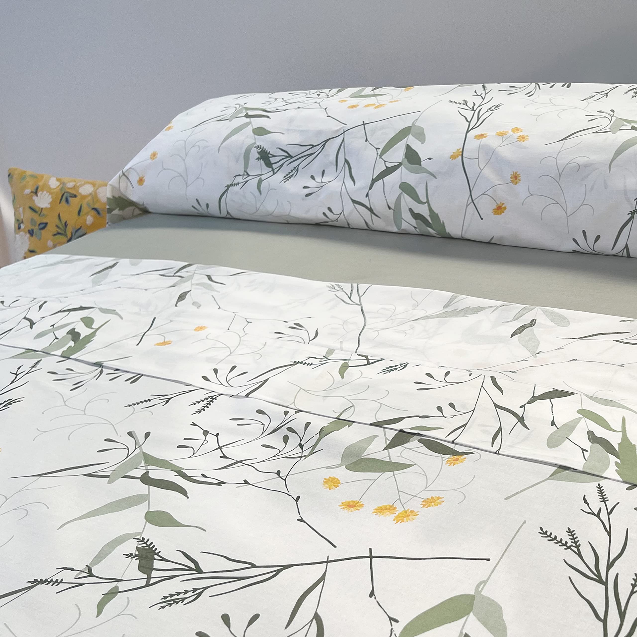 Juego de Sábanas 100% Algodón Orgánico – Estampado Natural de Hojas – 3 o 4 Piezas: Encimera, Bajera Ajustable y 1-2 Fundas de Almohada – Sábanas Transpirables y Suaves (150CM)