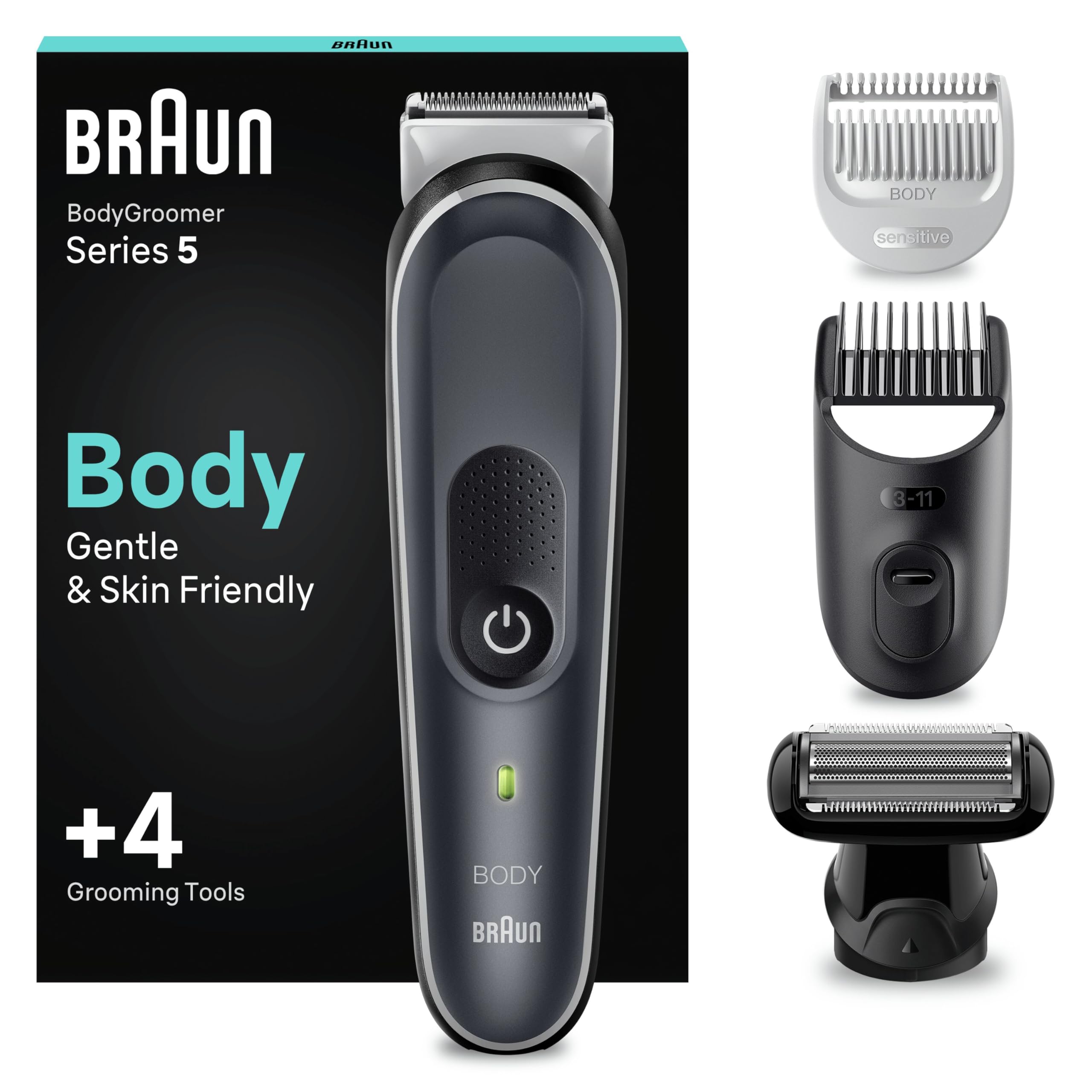 Braun Body Groomer Series 5 5370, for Men, Incl. 2 Combs 3mm-11mm Lengths, SkinShield Technology Gentle Use and Clean Shave Attachment, Waterproof, Cordless with 100-min Run Time, Noir, 1.0 Count