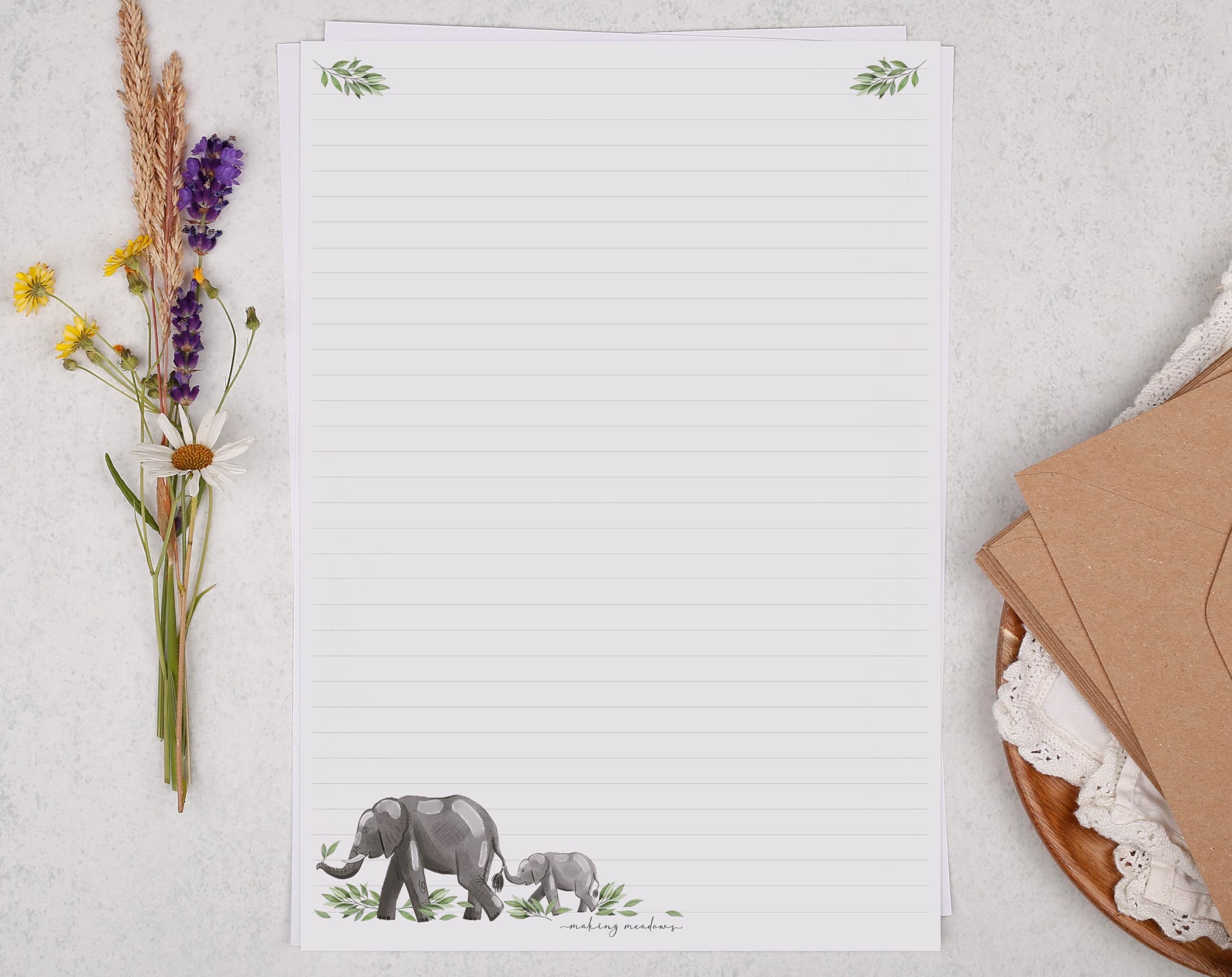 Making Meadows A4 Luxury Writing Paper Set Elephant Design (20 Sheets & 10 Envelopes), Perfect for Letter Writing, Lined Writing Paper and Envelopes