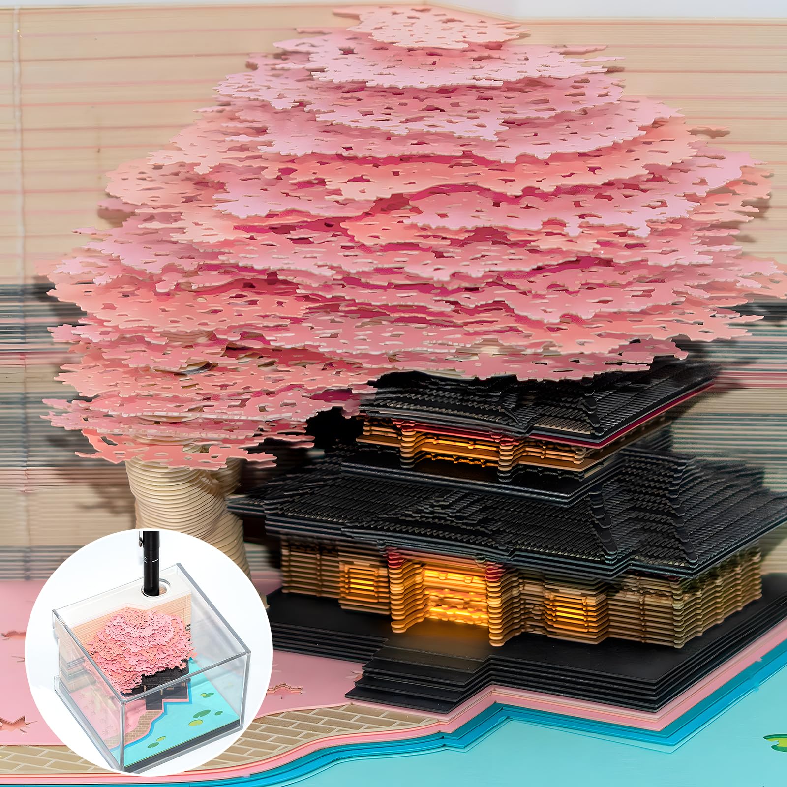 Calendrier 3D 2026, bloc-notes 3D avec lumière LED, décoration de bureau, porte-stylo, maison d'arbre amovible, calendrier 2026