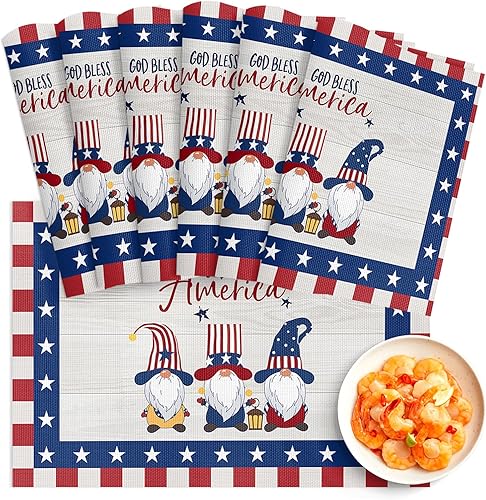 Juego de 6 manteles individuales del 4 de julio, manteles individuales de PVC lavables, manteles individuales de vinilo tejido de gnomo del día de