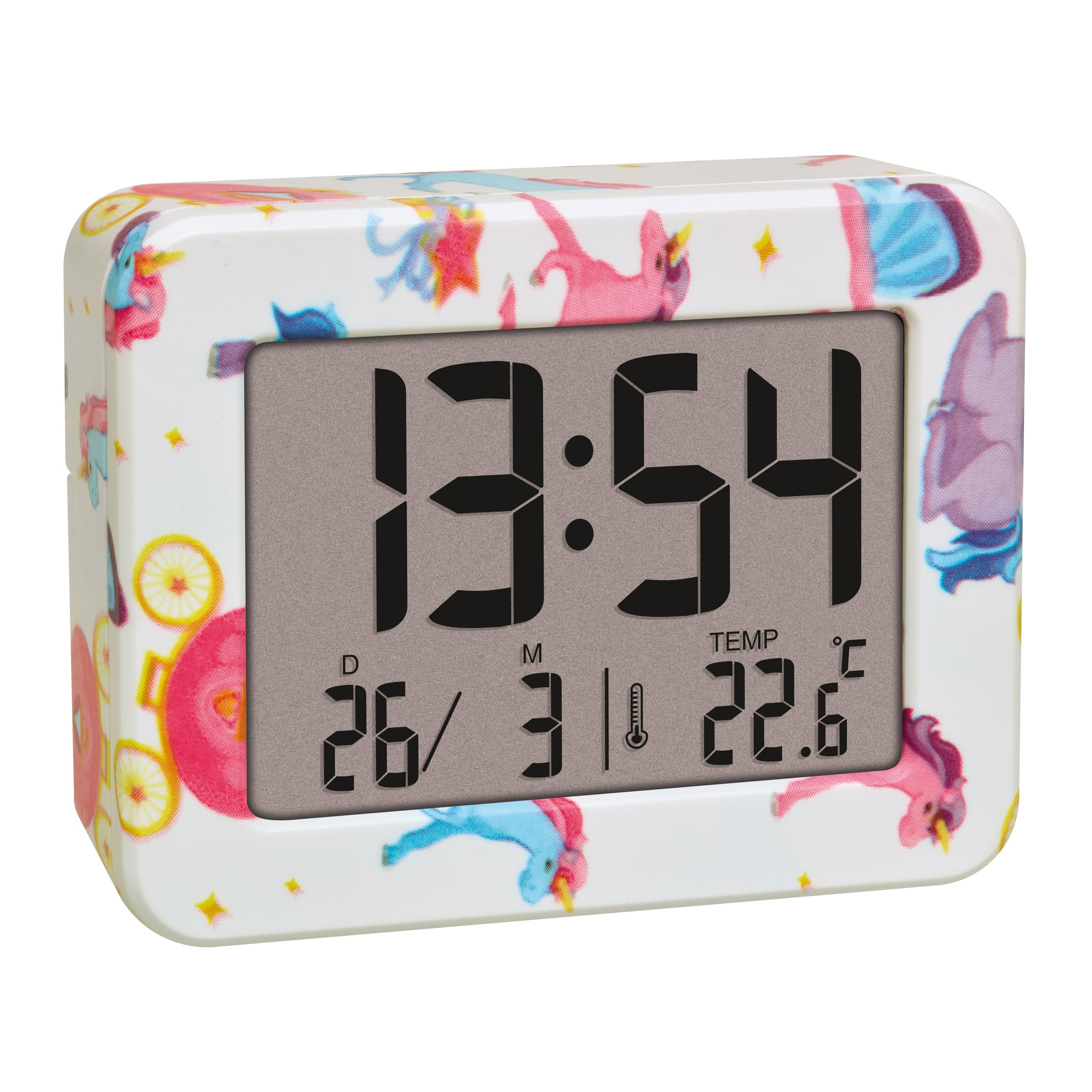 TFA Dostmann Unicorn Kinder Wecker Mini, 60.2044.41, mit Datum und Innentemperatur, Weckalarm, batteriebetrieben, für Kinderzimmer, Schultüten, Einhorn Motiv