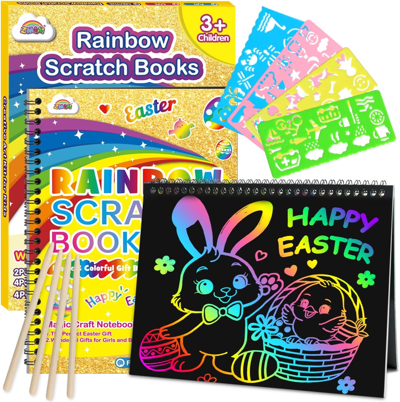 ZMLM Scratch Paper Art-Crafts Gift: 2 Pack Rainbow Notebooks Supplies Toys Easter Basket Stuffers for 3 4 5 6 7 8 9 10 Years Old Girls and Boys Kids Birthday Party Travel Games (Pink & Blue)