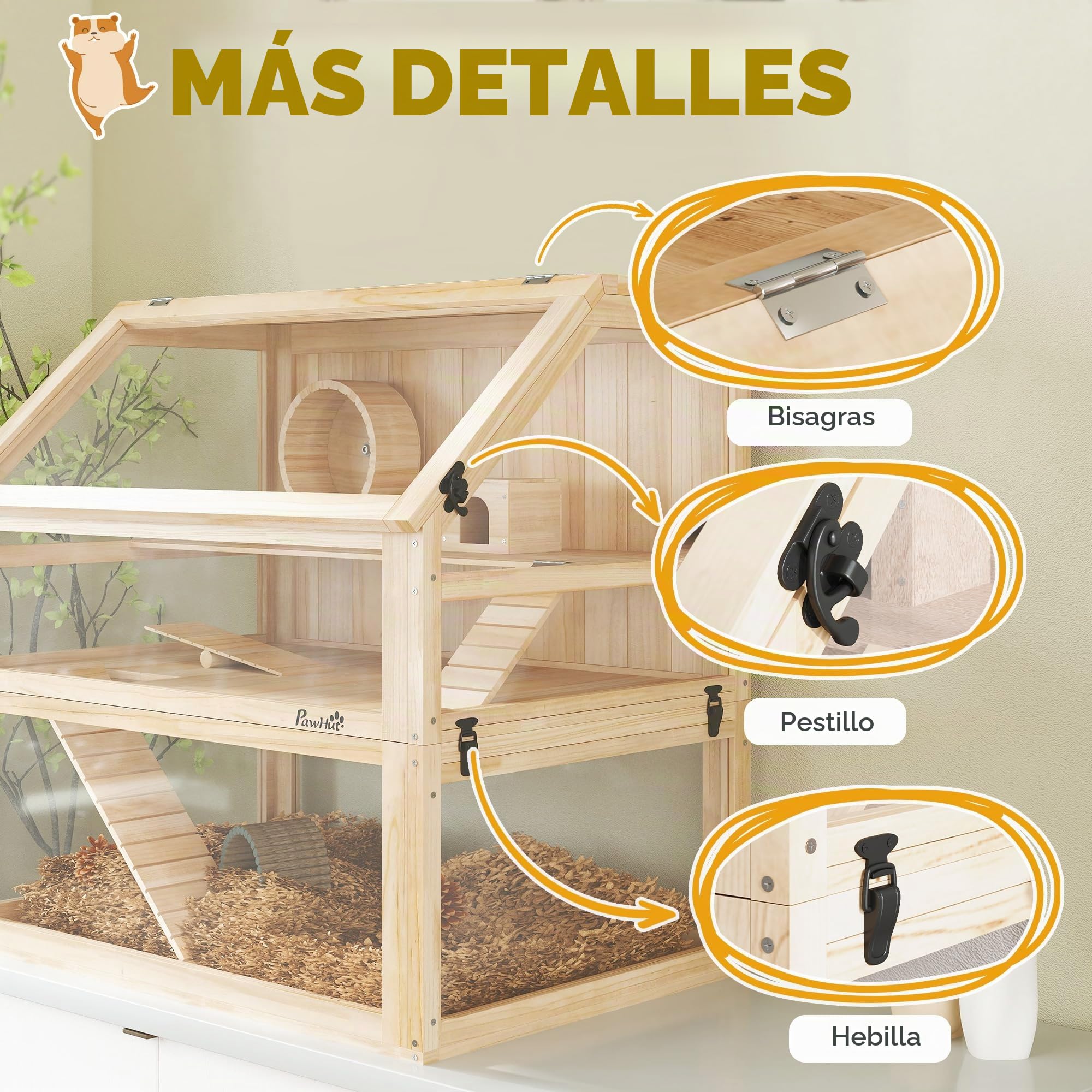 PawHut - Jaula para hámster de Madera, Jaula roedor de 3 Niveles, Base extraíble para una fácil Limpieza, Tapa Abierta, cabaña, Columpio, Rueda de Ejercicio y rampas, 80 x 50 x 76 cm, Madera Natural