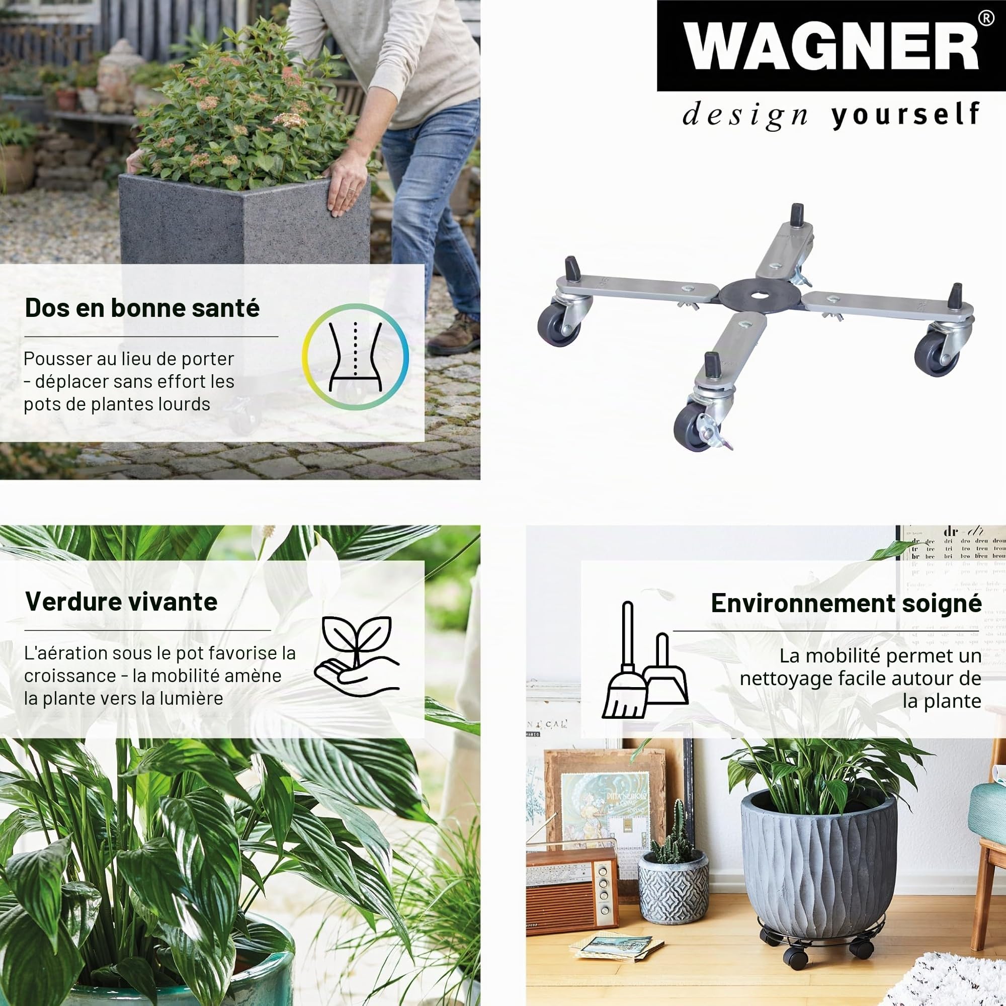 Wagner Support à roulettes pour Pot de Fleur Sun City Basic Surface Disponible 32-46 x 6 cm I Extensible en continu, 2 Freins I en Acier I intérieur + extérieur I Capacité de Charge 100 kg- 20082701
