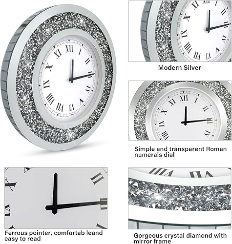 Miniatura 5 de Reloj de pared grande con diamantes brillantes redondos plateados para decoración de pared (20 pulgadas)
