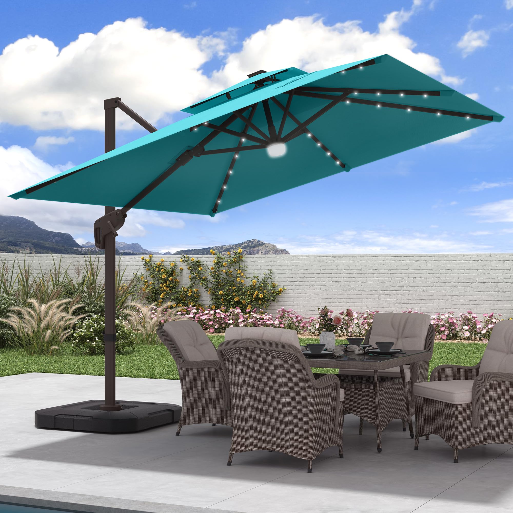 JZAC & QZYD 9x9 FT Outdoor Cantilever Patio Umbrella with Base and Solar LED Lights