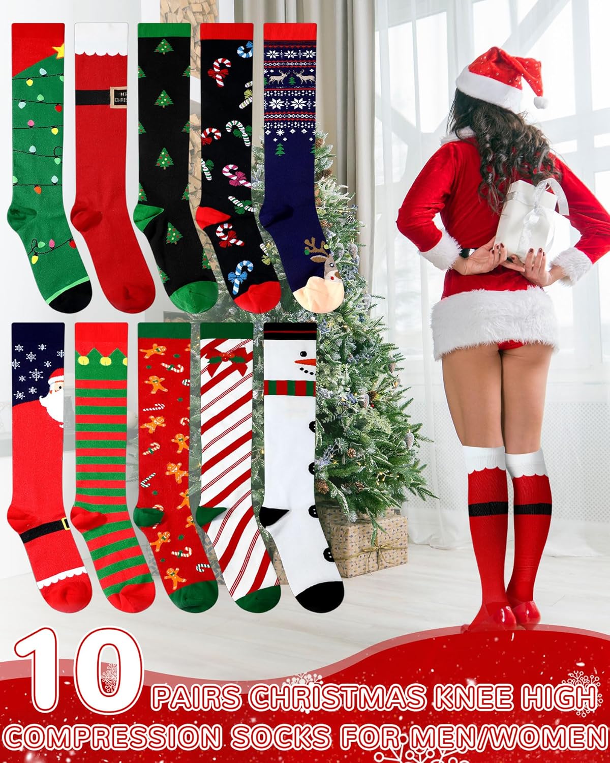 10 Pairs Funny Christmas Compression Socks for Women Men Circulation 15-20 mmHg Xmas Knee High Support Stockings Novelty Holiday Gift for Nurses Running Travel Pregnancy - Image 6